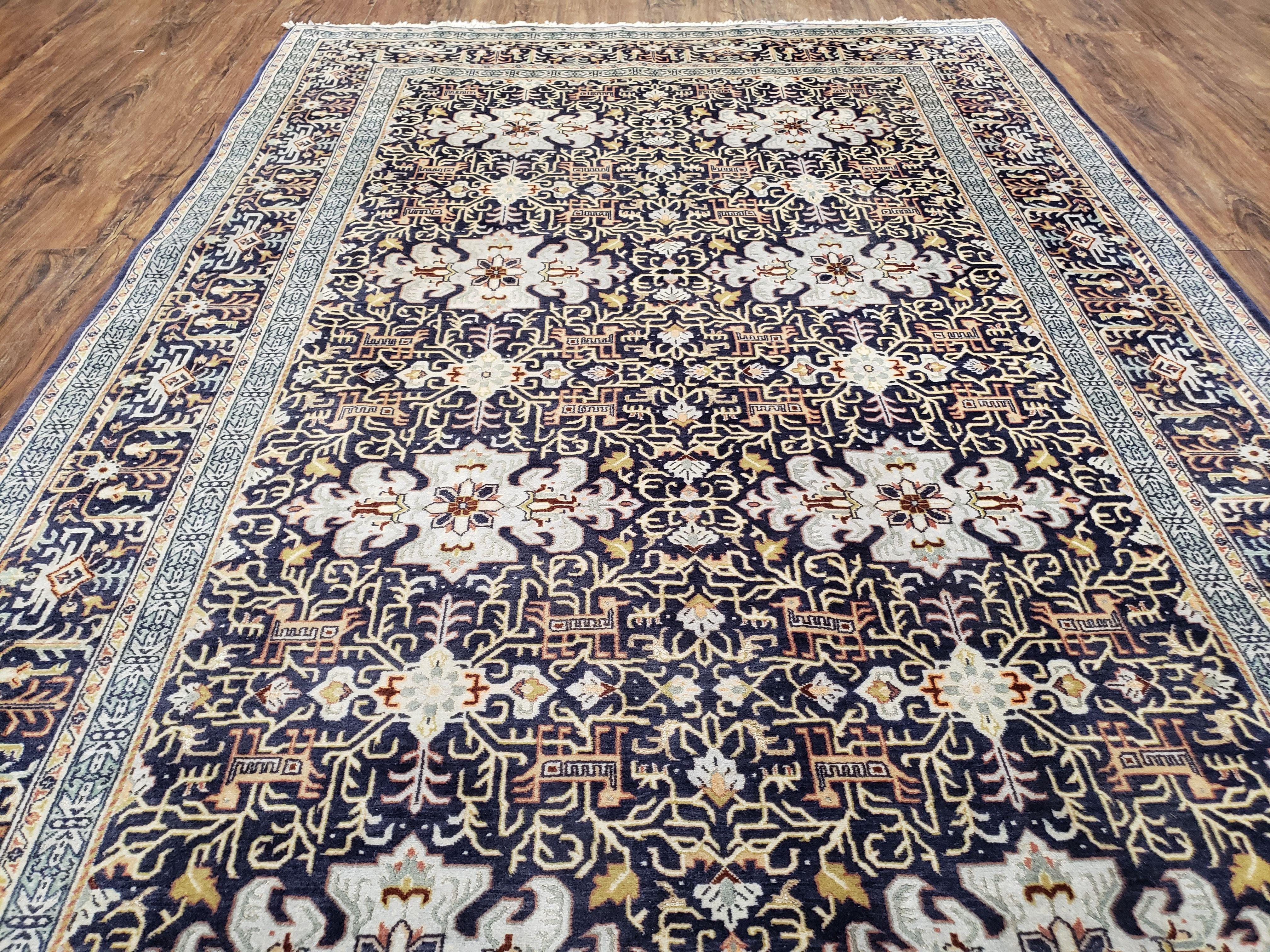 Semi-Antique Persian Kashan Rug, Midnight Blue & Ivory, Hand-Knotted, Wool, 4' 8" x 7' 4", Pair A - Jewel Rugs