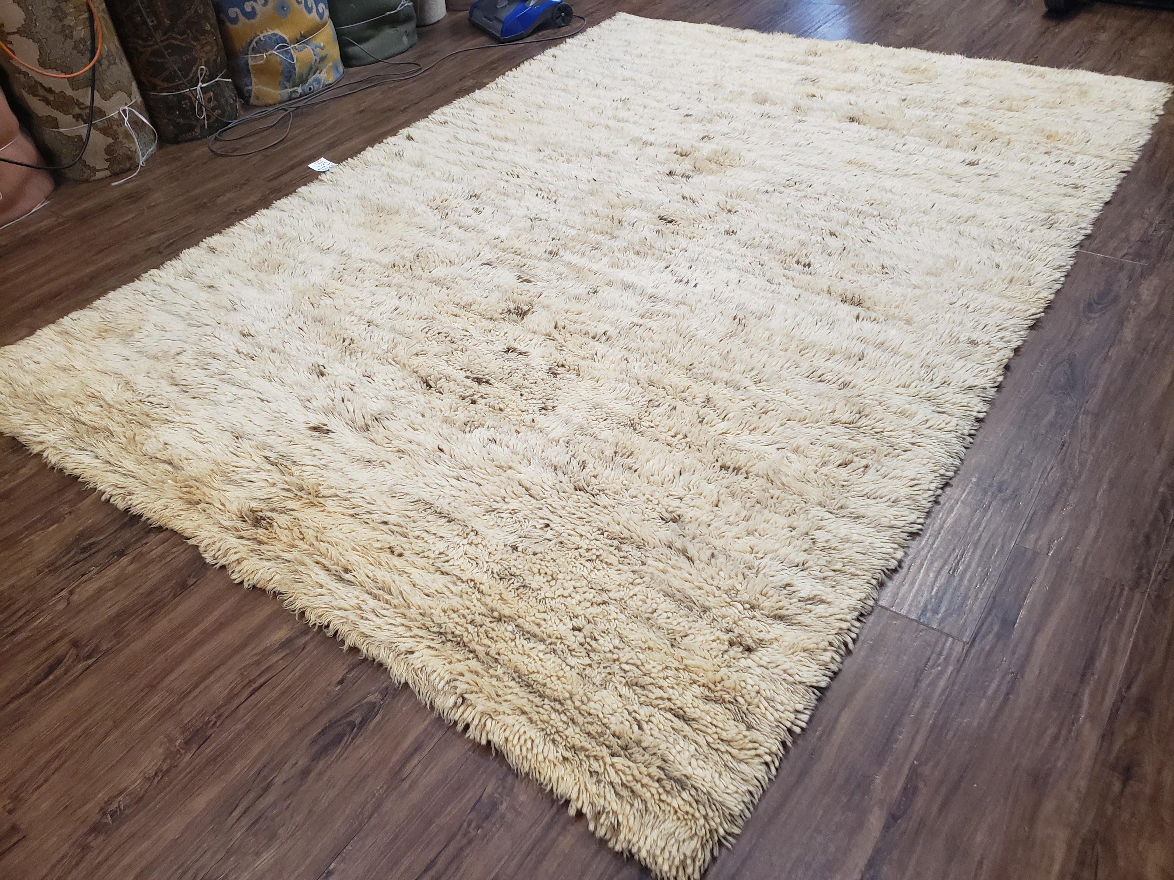 Vintage German Shag Rug 6.8 x 9, Wool Rya Style, Modern Shag Rug Ivory, 6x9 - 7x9 Living Room Carpet, Soft High Pile - Jewel Rugs