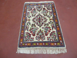 Small Persian Rug 2 x 3, Tiny Persian Sarouk Carpet, Cream Navy Blue Red, Floral Medallion, Vintage Wool Rug, Handmade Hand-Knotted Oriental Rug - Jewel Rugs