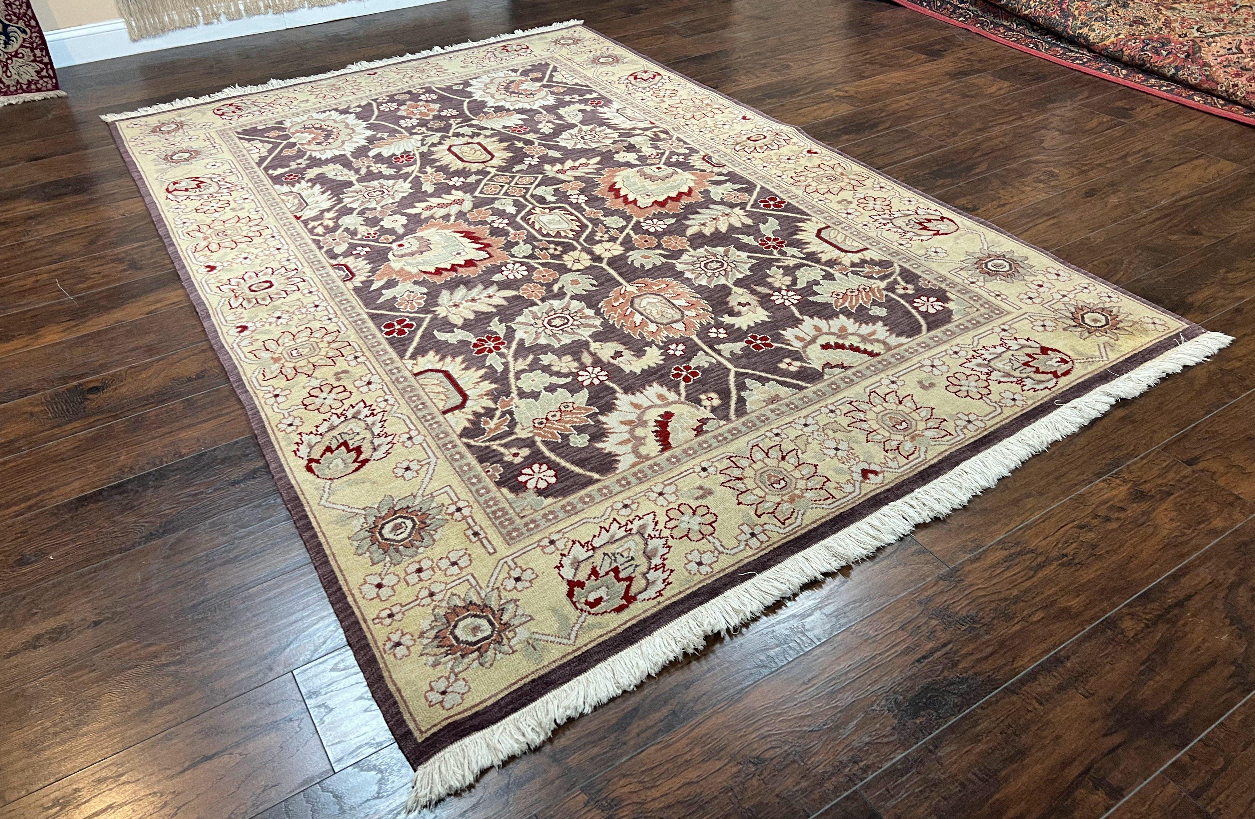 Vintage Indo Mahal Area Rug 6x9, Indian Persian Oriental Carpet 6 x 9, Puce Eggplant Tan Beige Rug, Hand-Knotted, Large Floral Design Wool - Jewel Rugs