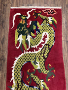 Vintage Chinese Dragon Rug 3 x 6.8, Handmade Hand Knotted Red Chinese Carpet with Gold Dragon, Art Deco Peking Soft Chinese Rug Runner - Jewel Rugs