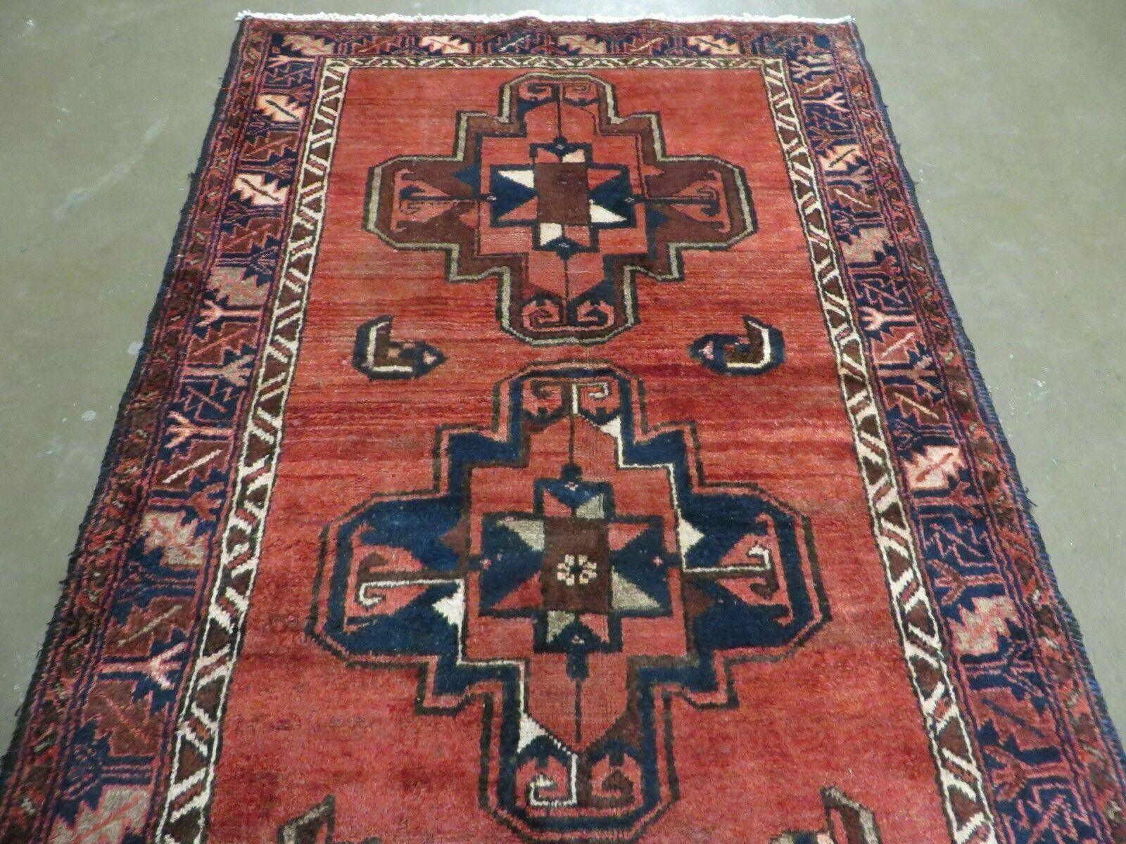 Persian Runner Rug 3.5 x 9.8, Persian Hamadan Rug with Kazak Pattern, Antique Wool Oriental Tribal Runner, Repeated Medallions, Handmade Hallway Kitchen Runner Rug, Red Navy Blue - Jewel Rugs