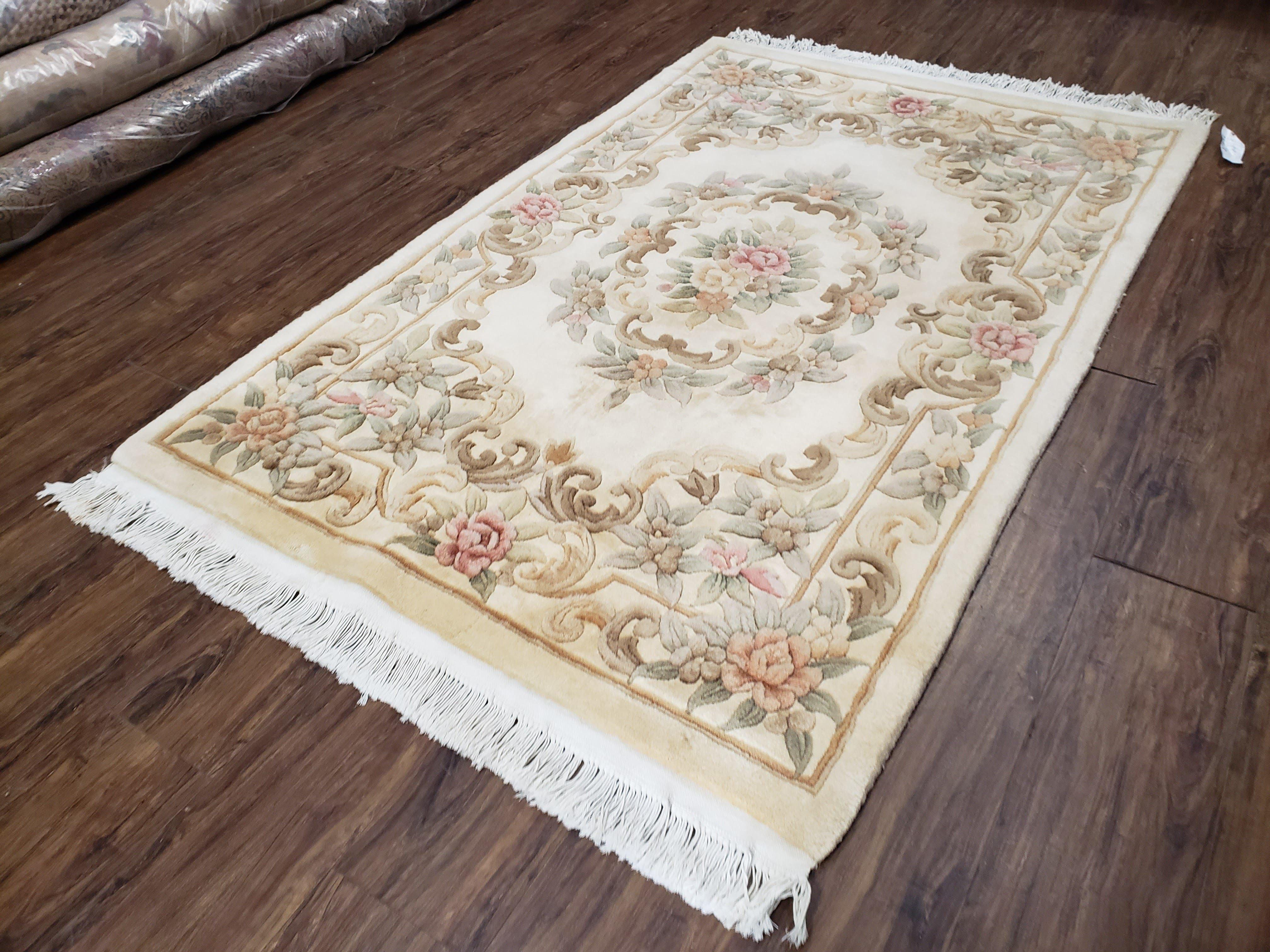 Chinese 90 Line Carpet 4x6, Chinese Aubusson Wool Rug, Plush Chinese Rug, Soft Pile Chinese Carpet, Cream Area Rug, Hand Knotted Floral - Jewel Rugs