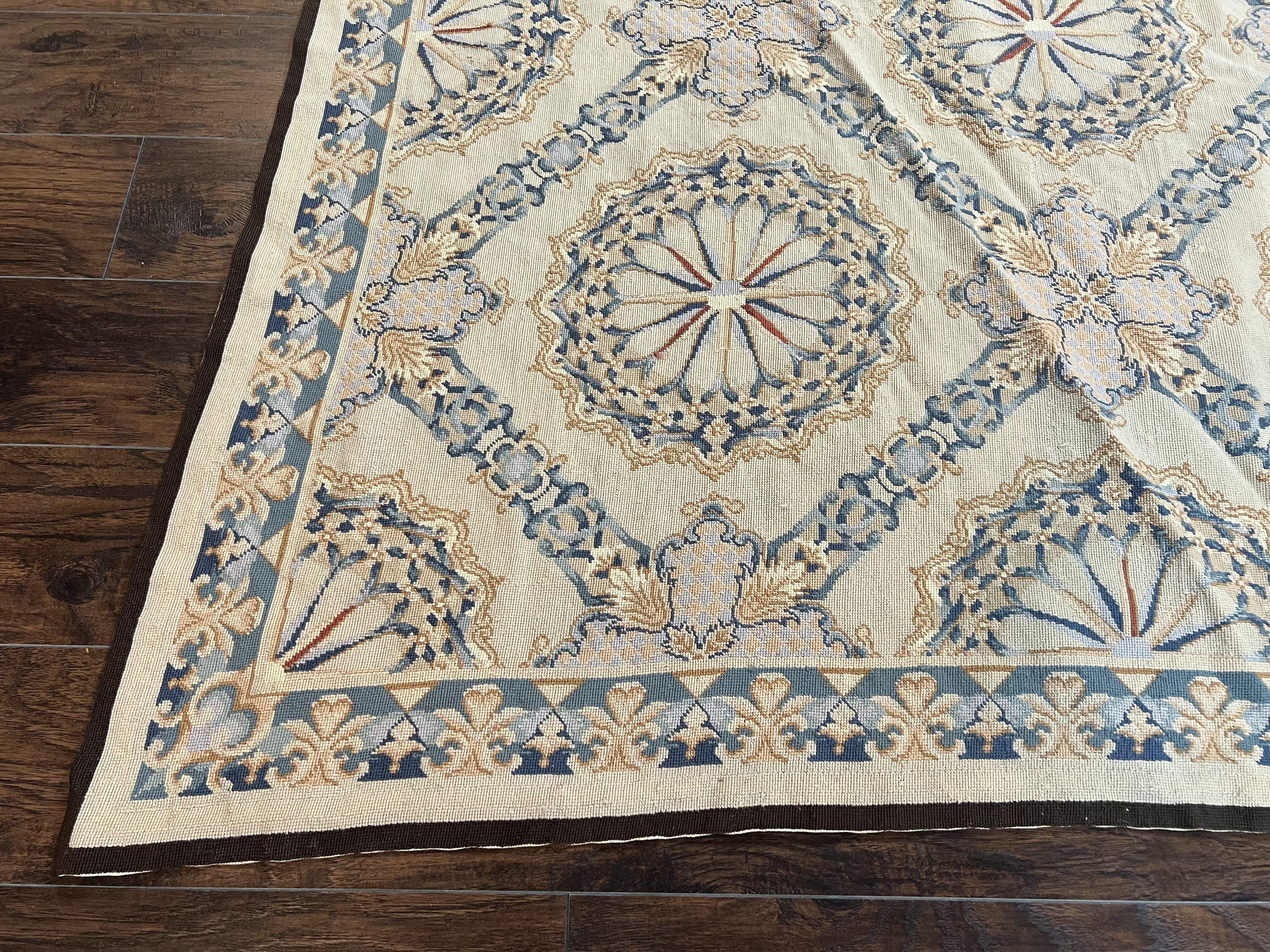 Vintage Chinese Needlepoint Rug 8x11, Diamond Panel Design, Room Sized English Flatweave Carpet, Wool Handwoven Rug, Beige Blue Light Colors - Jewel Rugs