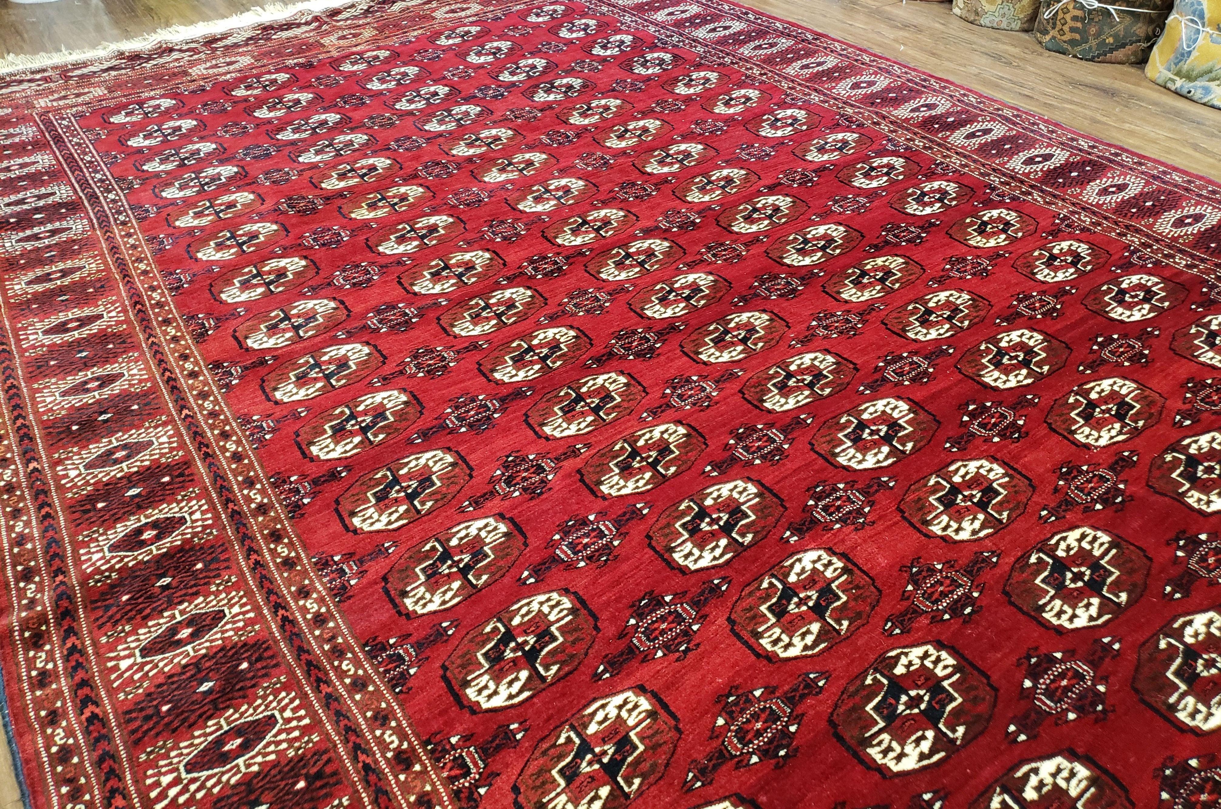 Persian Turkoman Rug 8 x 12.5, Bokhara Turkoman Carpet, Fine Oriental Rug, Vintage Wool Handmade Area Rug, Red Black Cream, Room Sized - Jewel Rugs