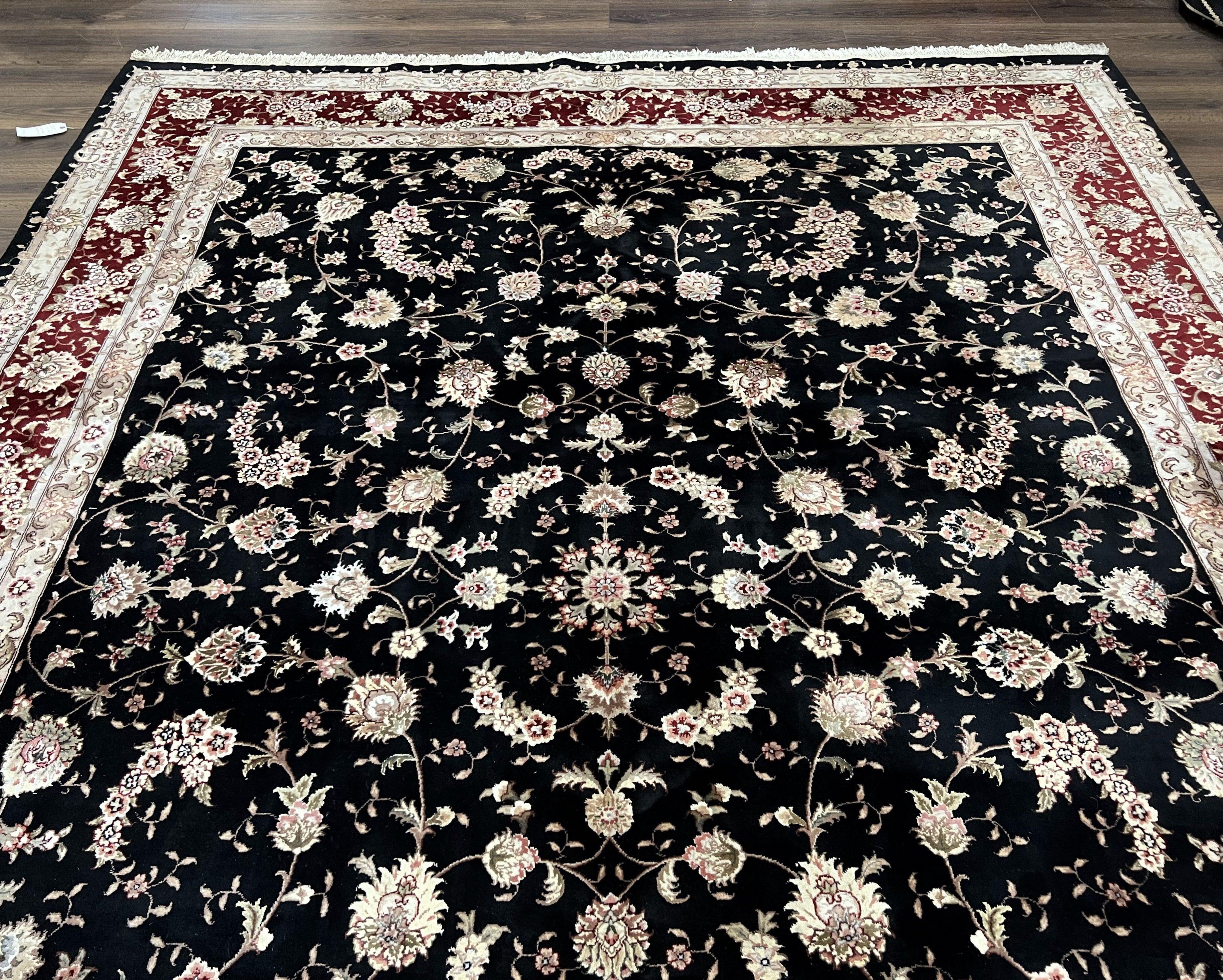 Sino Persian Rug 9x12, High Quality Oriental Carpet, Black and Maroon, Wool and Silk, Allover Floral Pattern, Hand Knotted, Vintage Rug Nice - Jewel Rugs