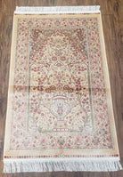 Small Silk Accent Rug Tan, Flowers Persian Vase, Brown, Super Soft Carpet, Mint Condition, New, Bamboo Silk, 2.8 x 4.1 ft, Wall Hanging - Jewel Rugs