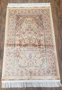 Small Silk Accent Rug Tan, Flowers Persian Vase, Brown, Super Soft Carpet, Mint Condition, New, Bamboo Silk, 2.8 x 4.1 ft, Wall Hanging - Jewel Rugs