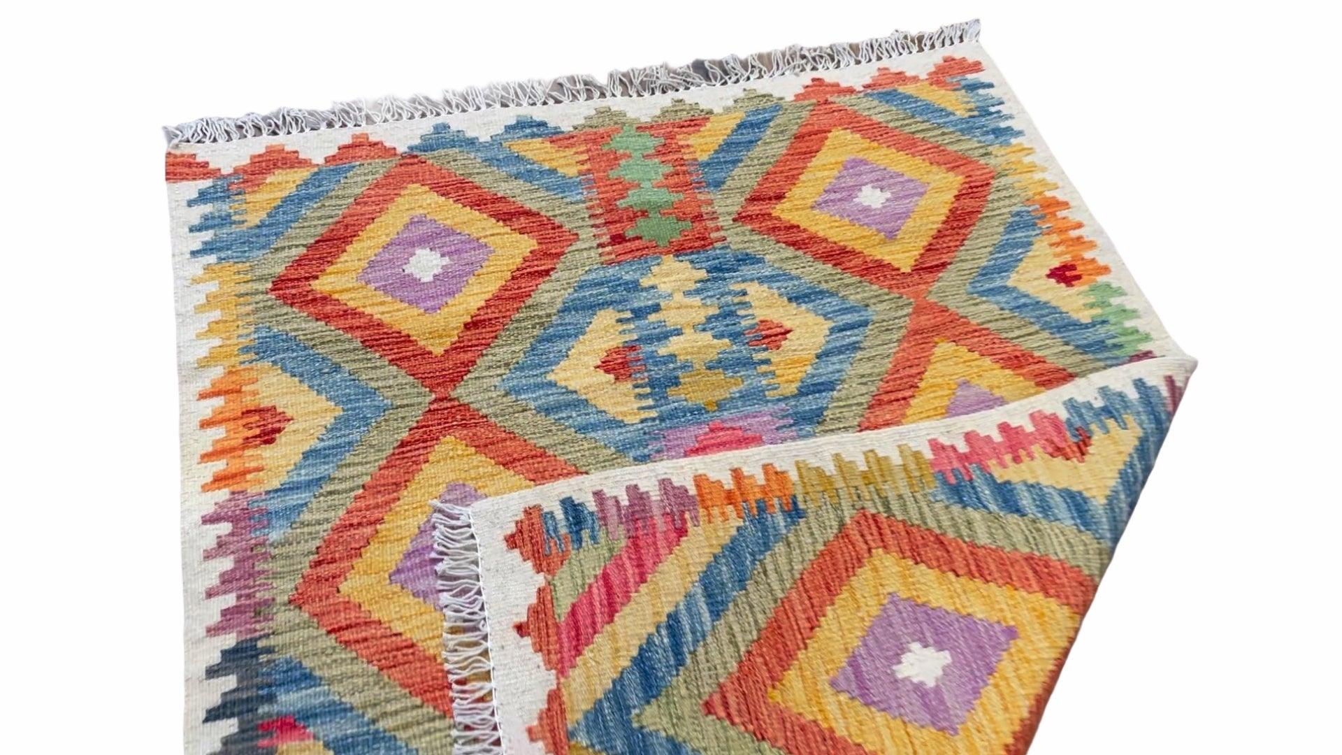 Colorful Chobi Kilim 3x5 Small Turkish Kilim Rug Diamond Pattern Multicolor Flatweave Wool Playroom Rug New Playful Rug - Jewel Rugs