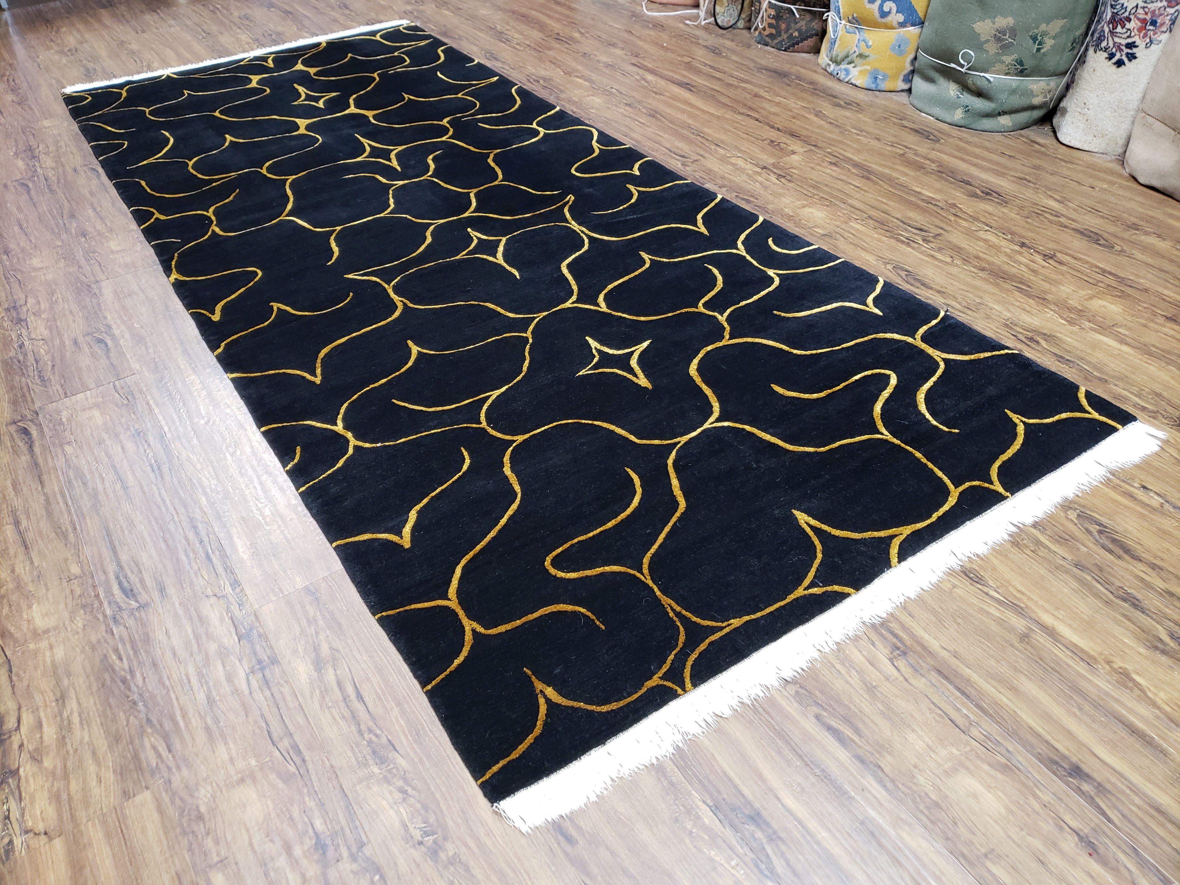 Black Tibetan Runner Rug, Wide Runner Rug, Black and Gold Rug, Handmade Carpet, 4.5 x 10 Rug, Wool and Silk Rug, Modern Tibetan Rug Abstract - Jewel Rugs