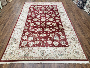 Vintage Traditional Oriental Area Rug, Hand-Knotted, Wool & Silk Accents, Maroon Red and Beige, 6x9 Carpet, 5' 9" x 9' - Jewel Rugs