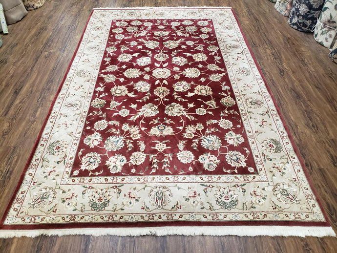 Vintage Traditional Oriental Area Rug, Hand-Knotted, Wool & Silk Accents, Maroon Red and Beige, 6x9 Carpet, 5' 9