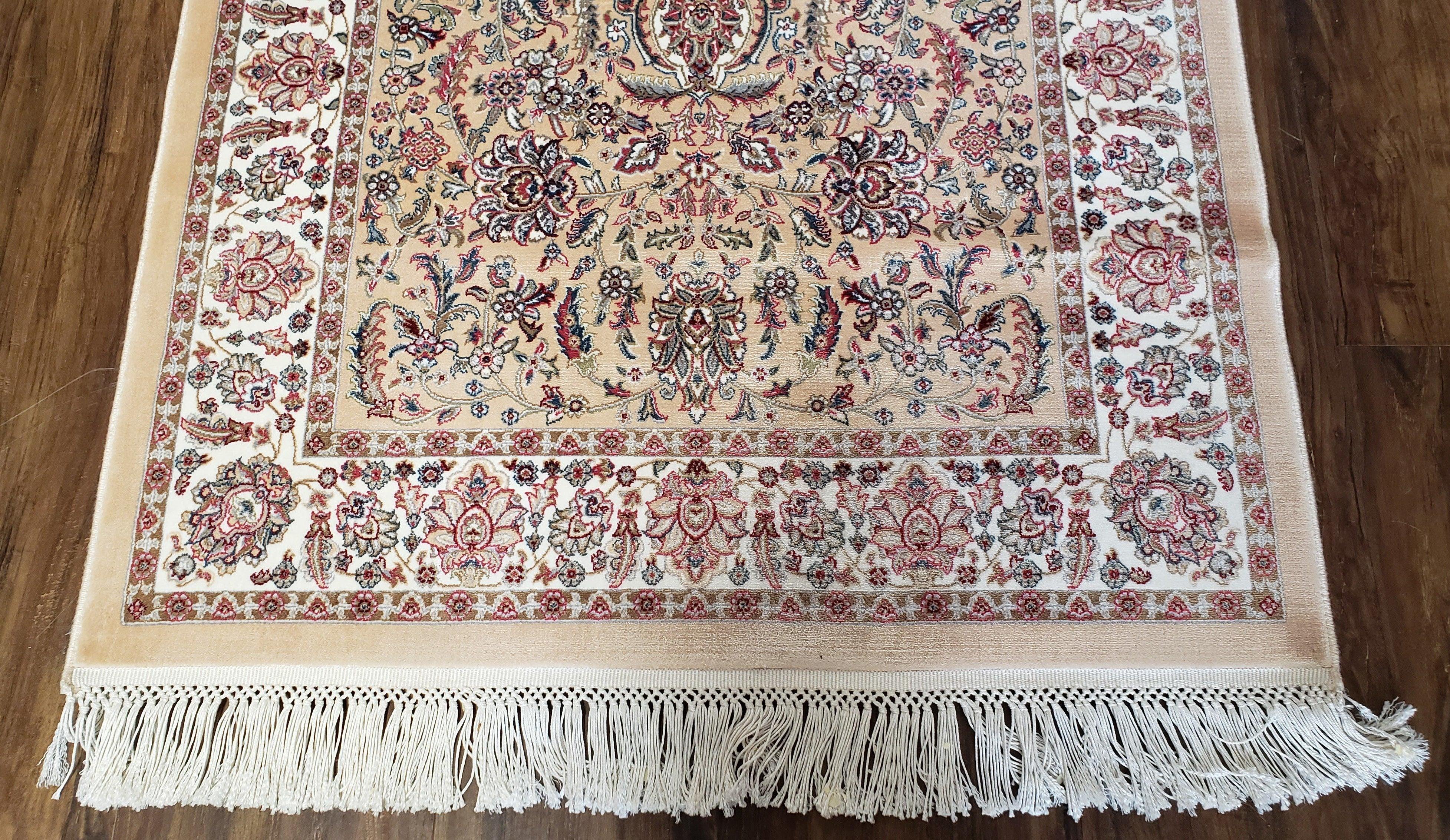 New Turkish Silk Carpet Small, 3x5, 2.5x5, Tan, Ivory, Cream, Bamboo Silk, Traditional Pattern, Accent Rug, 2' 8" x 4' 11" - Jewel Rugs