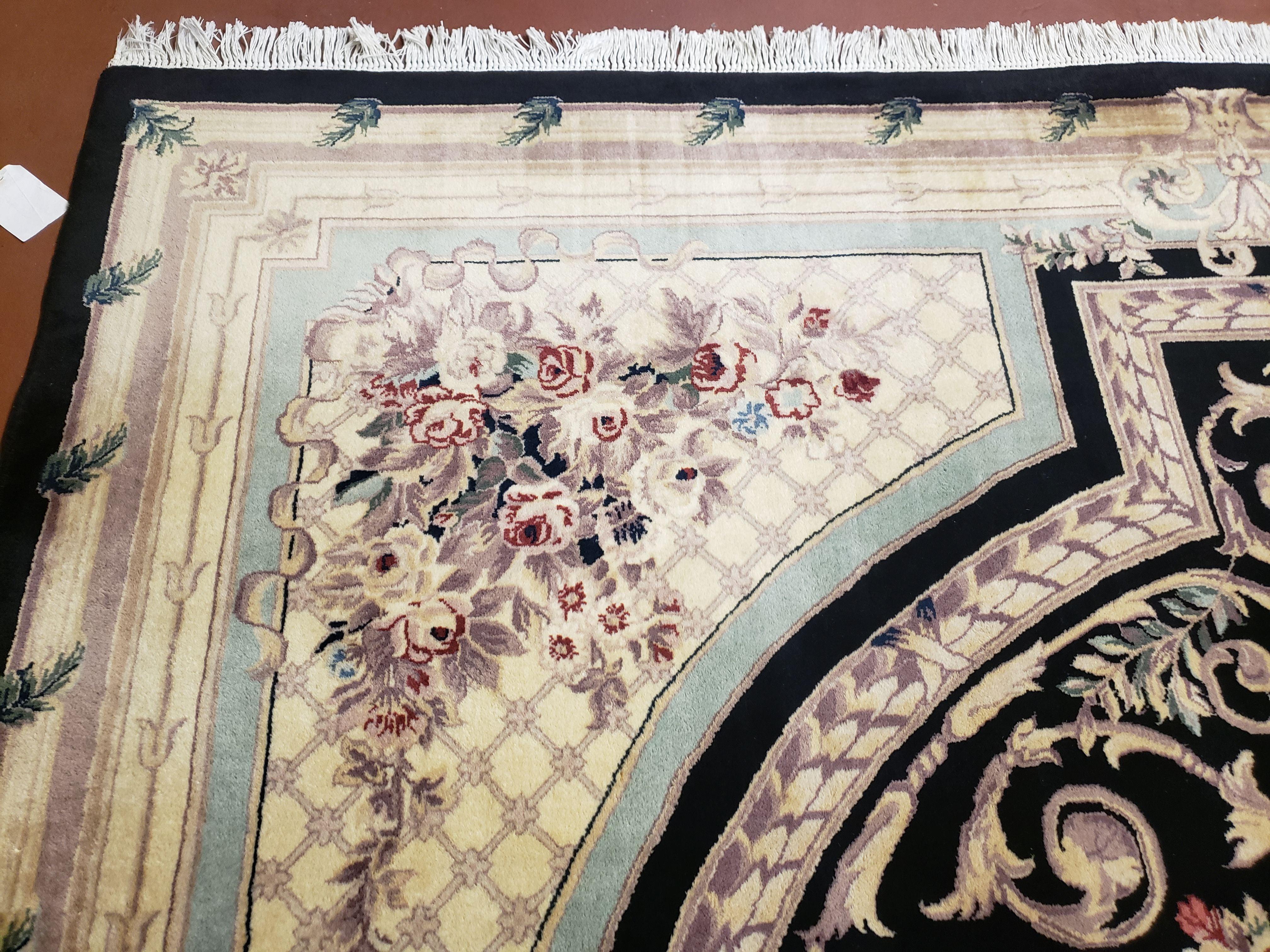 8x10 Aubusson Rug, Fine Hand Knotted Wool Carpet, French European Design, Black & Ivory - Jewel Rugs