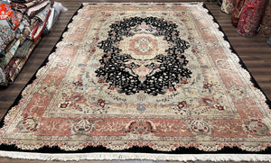 Large Sino Persian Rug 10x14, Wool Silk Accents, Central Medallion, High Quality Oriental Carpet, Handmade Vintage Rug 10 x 14, Fine, Black - Jewel Rugs