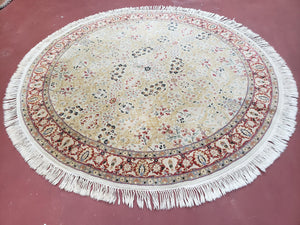 Vintage Pak Persian 6ft Round Area Rug, Wool Hand-Knotted Ivory & Golden Lines Colorful Haji Jalili Design Pakistani Carpet, 6x6 Round Rug - Jewel Rugs