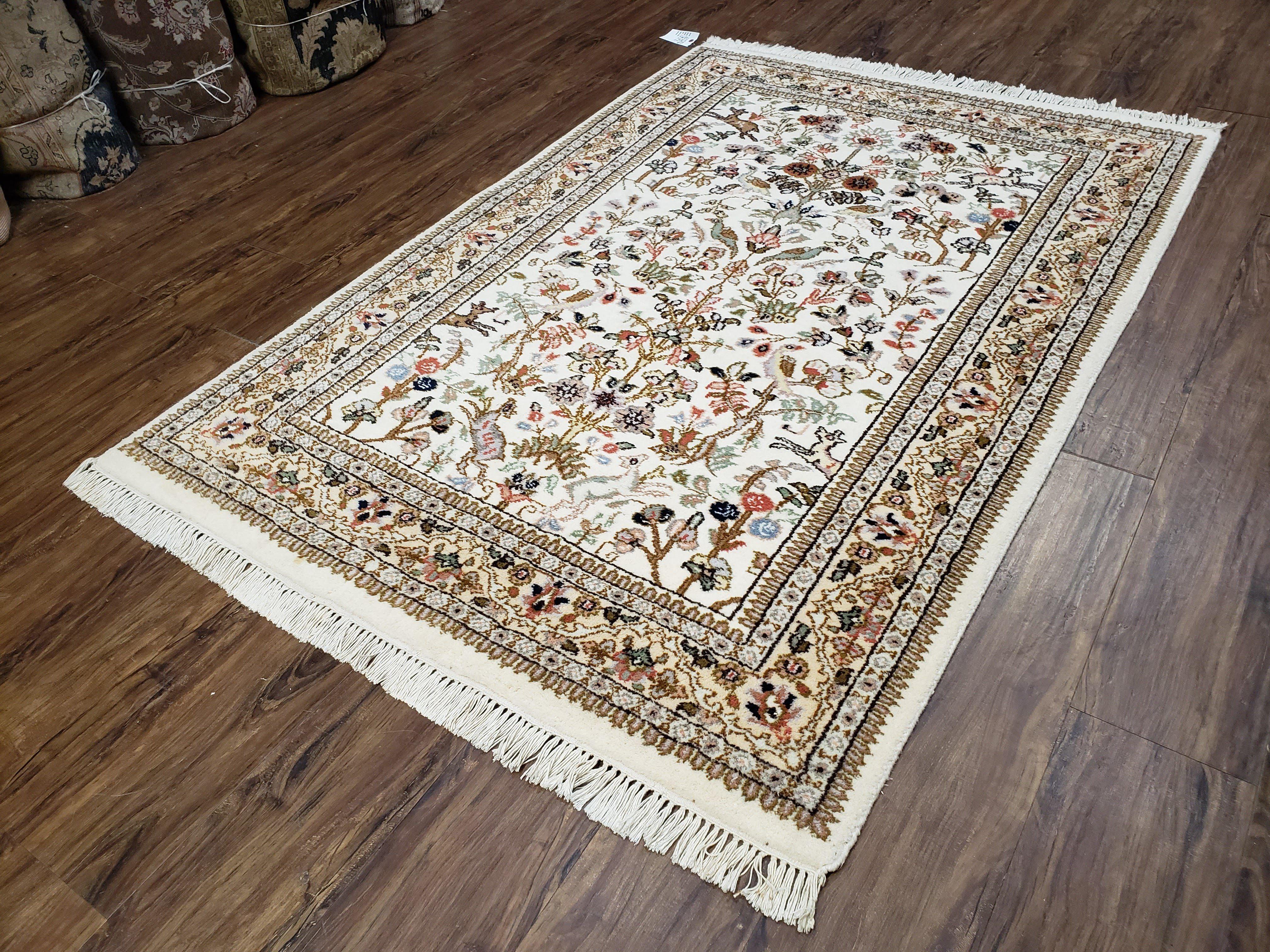 Indo Persian Rug 4x6, Tree of Life Rug, Animal Motifs, Deer Peacocks Birds, Ivory and Cream, Hand-Knotted Soft Wool Pile Indian Carpet 4 x 6 - Jewel Rugs