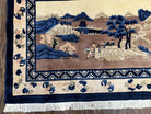 Antique Chinese Pictorial Rug 2.7 x 5, Chinese Village and Hills Carpet, Beige and Dark Blue, Handmade, Horizontal Rug Wall Hanging Tapestry - Jewel Rugs