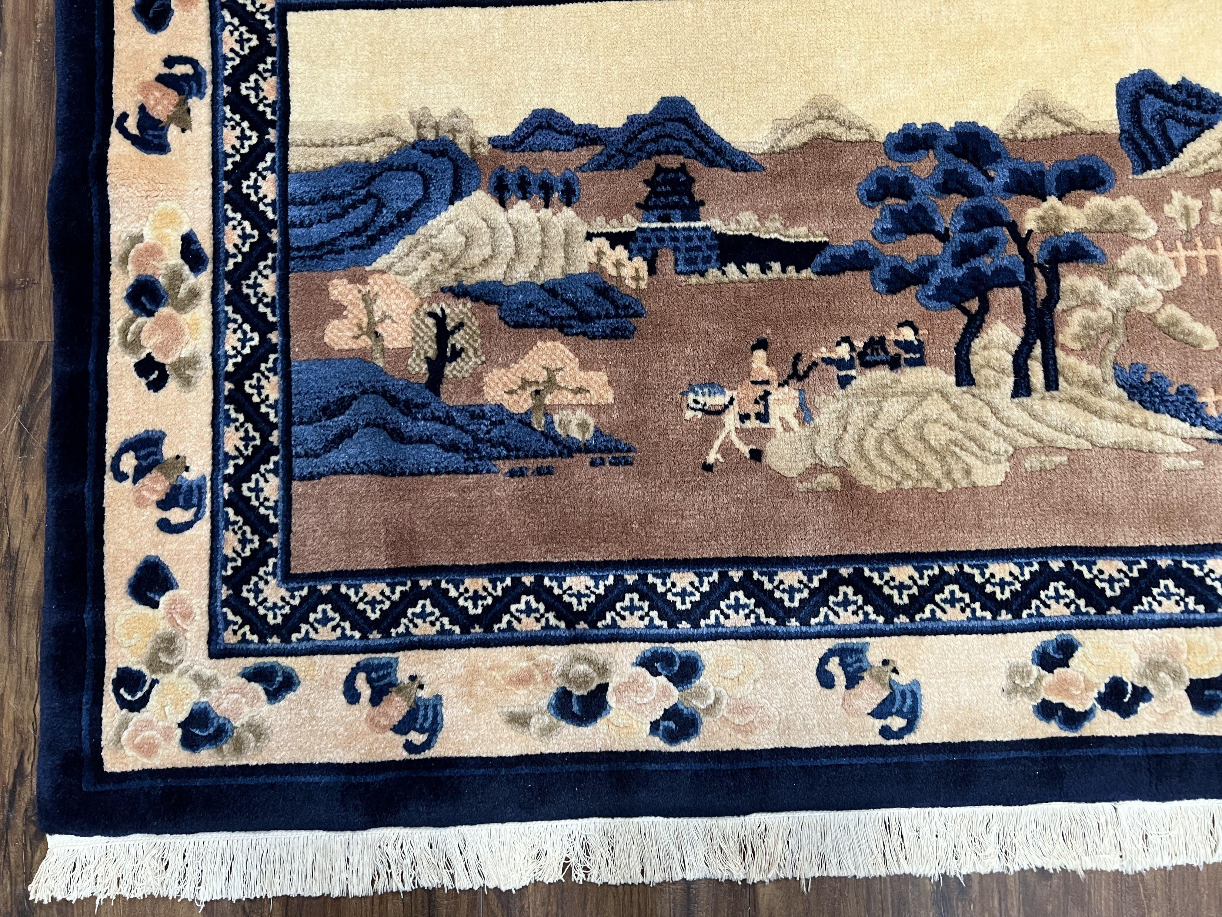 Antique Chinese Pictorial Rug 2.7 x 5, Chinese Village and Hills Carpet, Beige and Dark Blue, Handmade, Horizontal Rug Wall Hanging Tapestry - Jewel Rugs