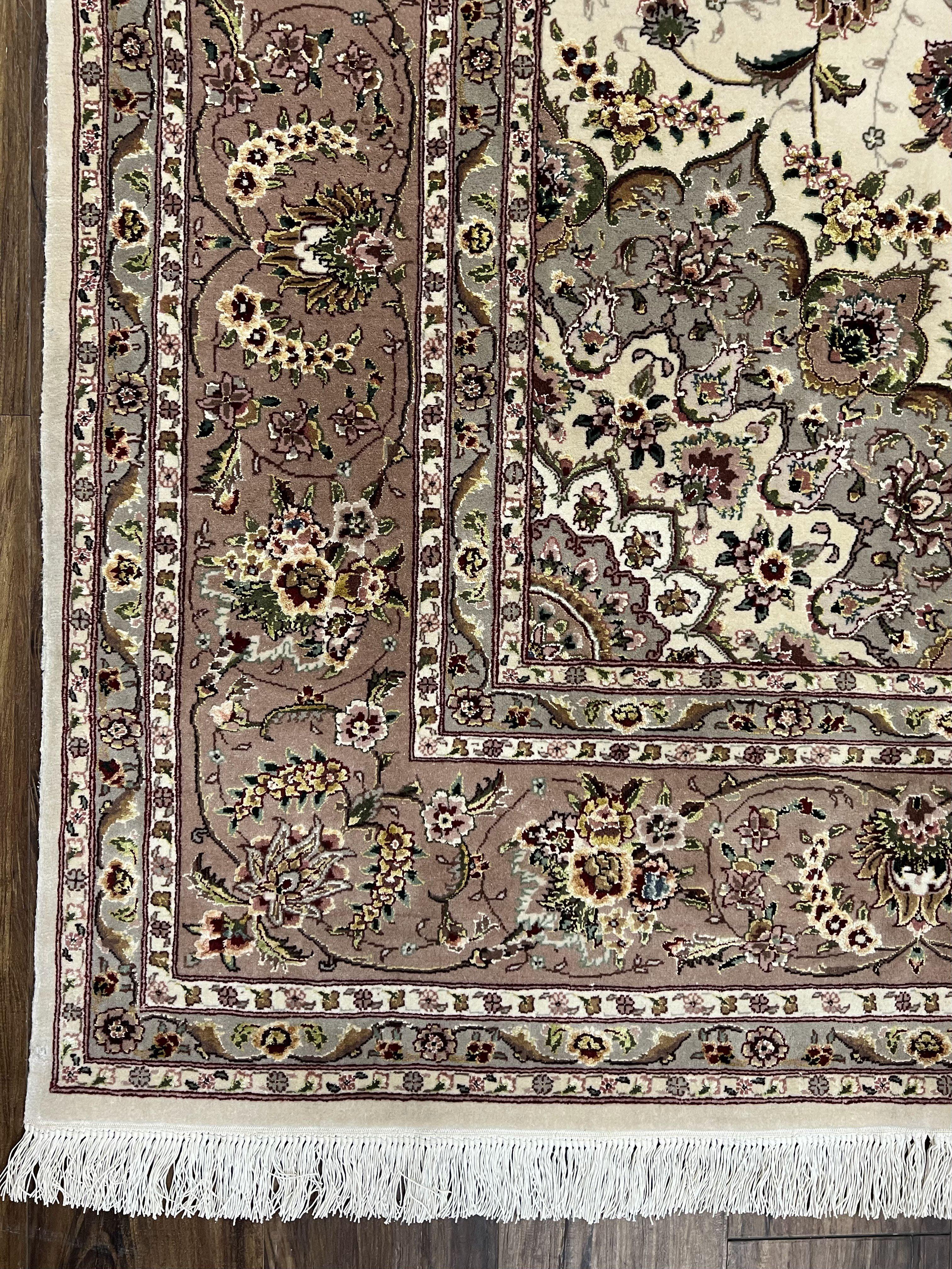 Fine Sino Persian Rug 8x10 ft, Floral Medallion, Elegant Oriental Carpet, Ivory Gray Light Mauve Handmade Wool with Silk Highlights Vintage - Jewel Rugs