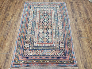 Caucasian Rug 3'9" x 5'7", Antique 1920s Collectible Caucasian Chi Chi Carpet, Hand Knotted, Colorful, Dark Blue Cream Red, Wool, Small Rug - Jewel Rugs