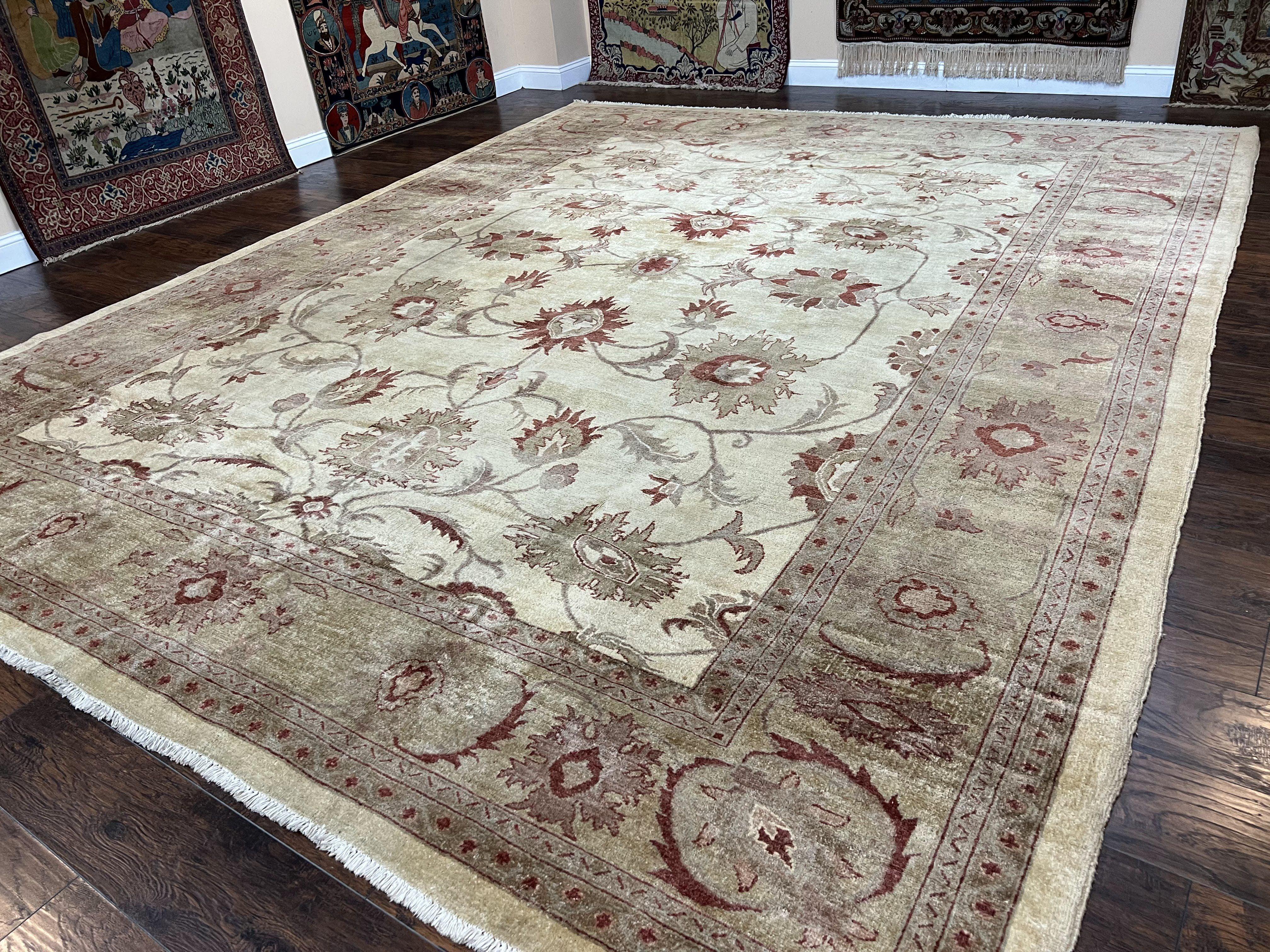 Large Peshawar Rug 11x14, Vintage Beige Chobi Carpet, Allover Floral Design, Hand Knotted, Wool, Room Sized Rug for Living Room Dining Room - Jewel Rugs