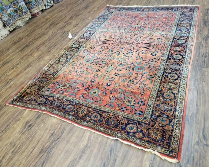Antique Persian Kashan Rug, Manchester Wool, Red & Blue, Hand-Knotted, Allover Floral Pattern, 4'3