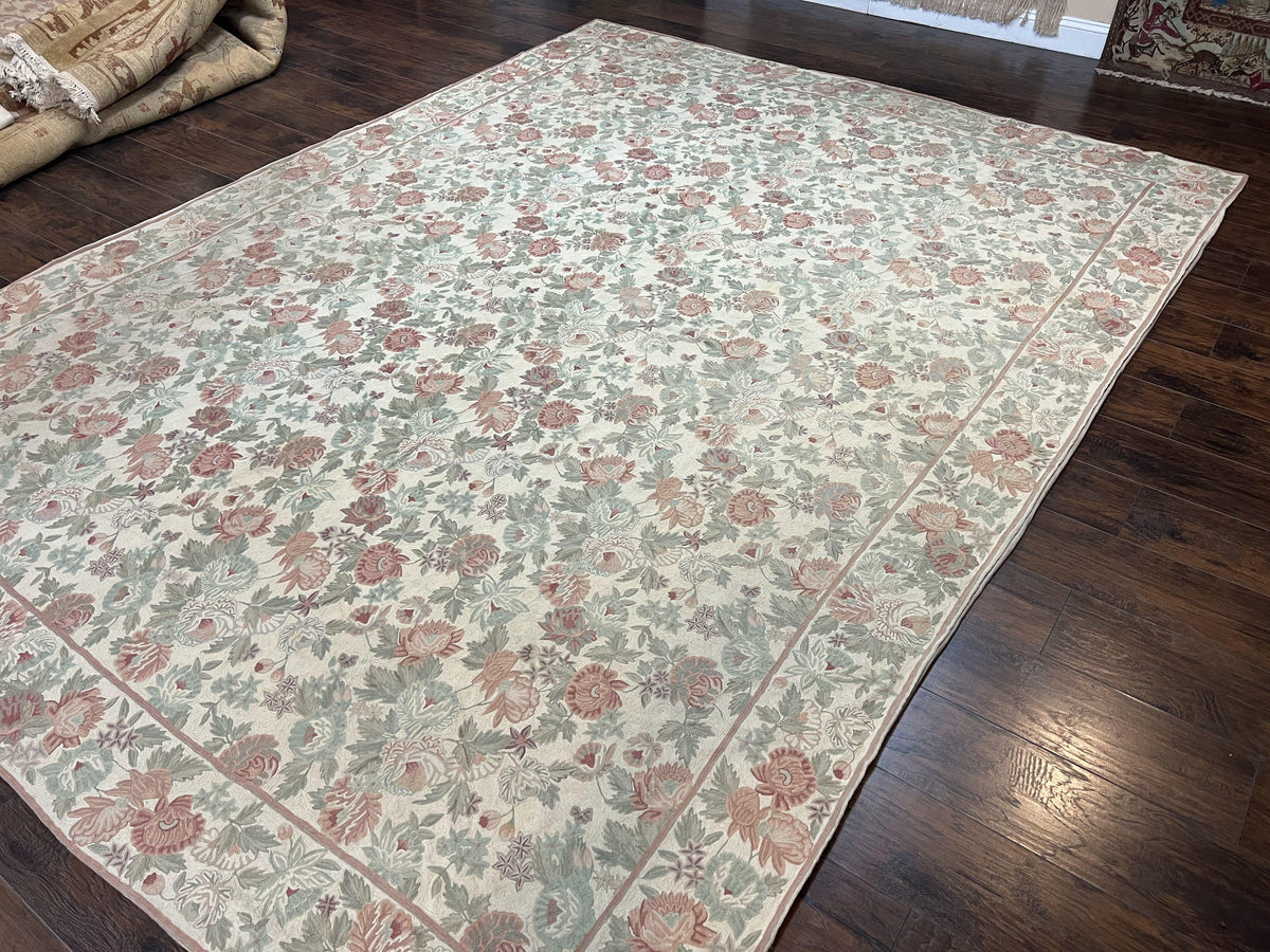 Indian Hand Stitched Rug 9x12 Florall Allover Vintage Wool Cream Rose