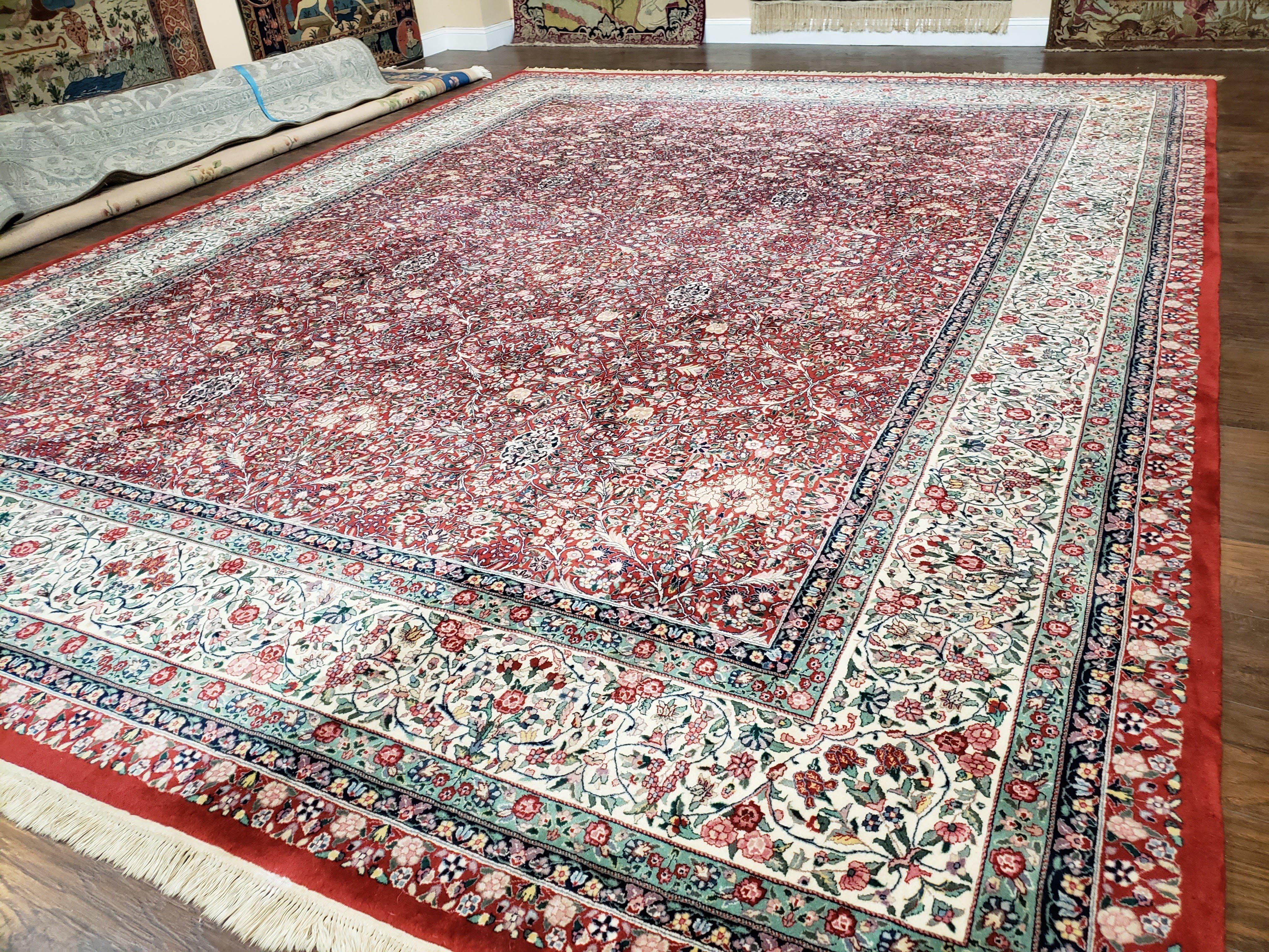 Oversized Pak Persian Rug 11x15, Large Wool Palace Carpet, Red and Ivory, Millefleur Allover Floral Pattern, Vintage Handmade Oriental Rug - Jewel Rugs