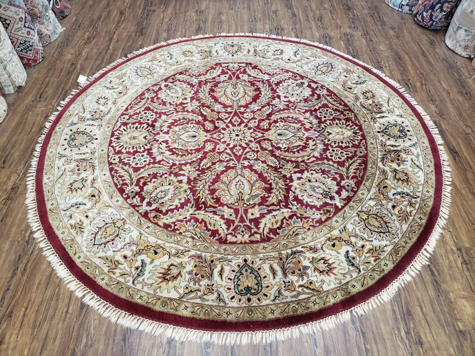 8ft Round Rug, Vintage Indo Mahal Round Oriental Carpet, Red & Beige, Indian Rug, Indo Persian Floral Rug, Hand-Knotted, Wool, 8x8 Round Rug - Jewel Rugs