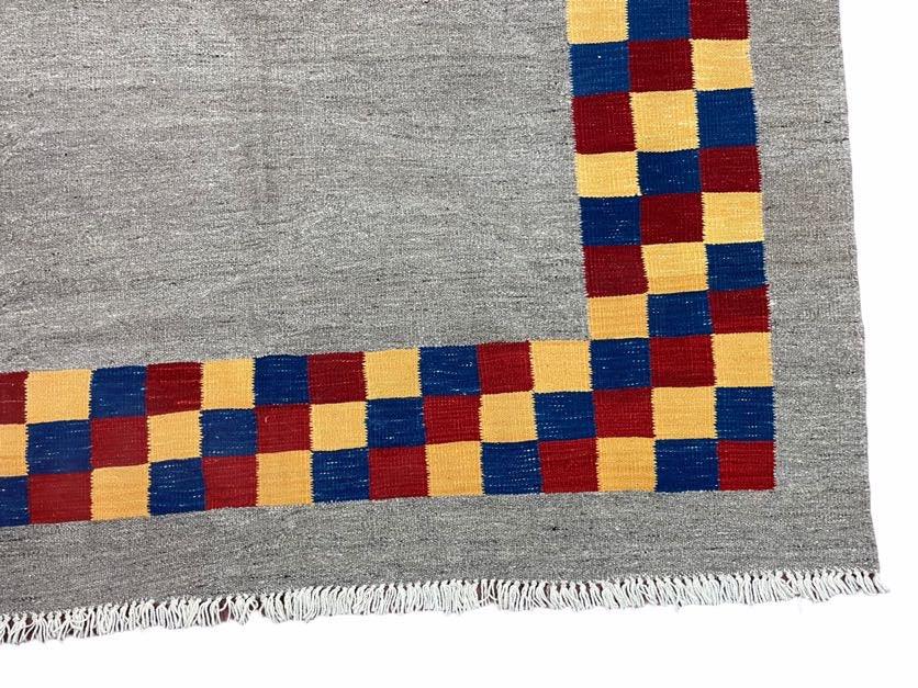 Gray Kilim Carpet, Yellow, Red, Blue Checkerboard Pattern, Flatweave, New, Geometric, Hand-Knotted, Wool, Turkish Area Rug, 5' 9" x 7' 9" - Jewel Rugs