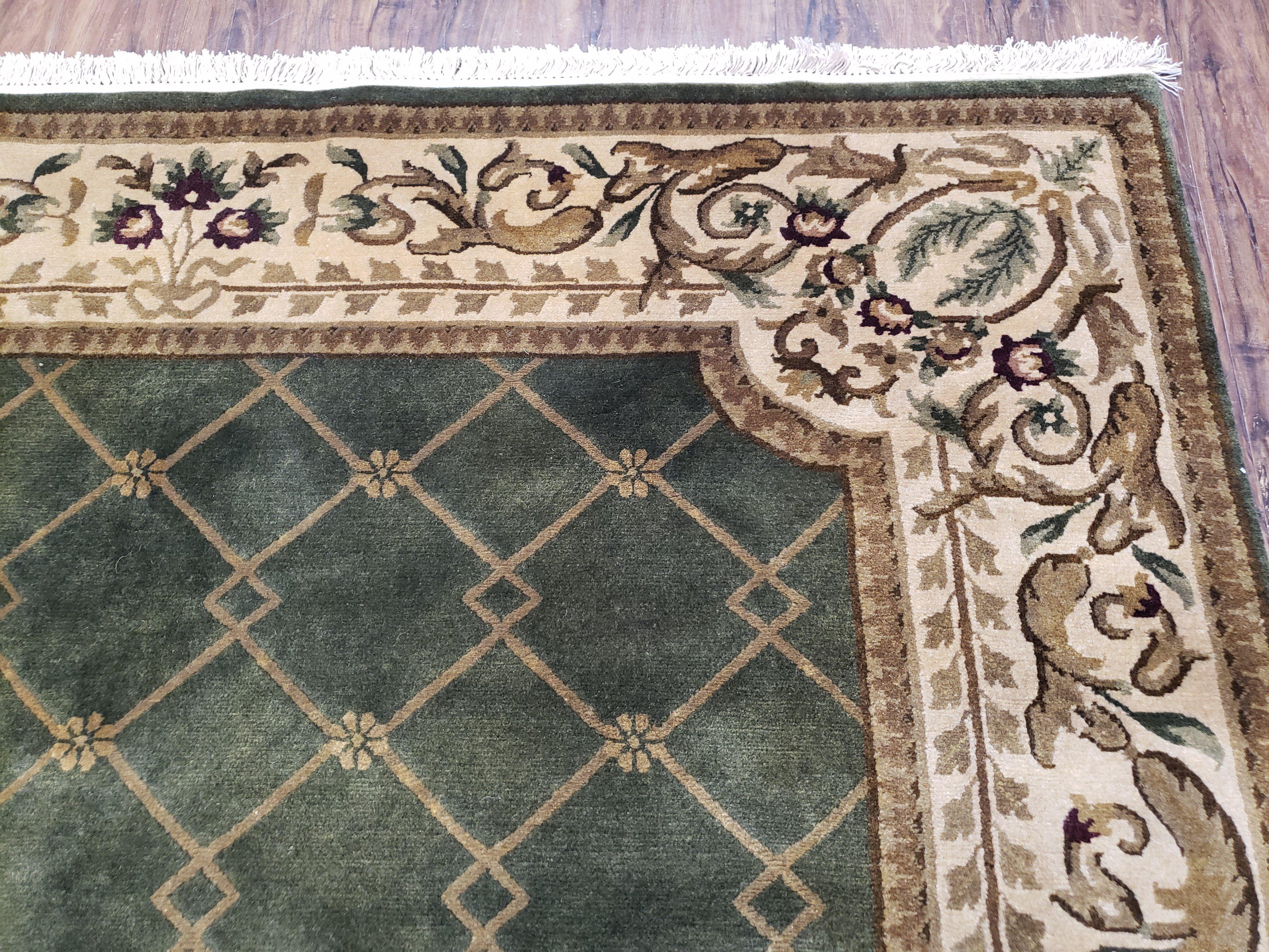 Vintage Napalese Aubusson Rug 6x9, Hunter Green & Beige Hand-Knotted Wool Carpet, 6 x 9 European Design Carpet, Handmade New Rug, Office Rug - Jewel Rugs