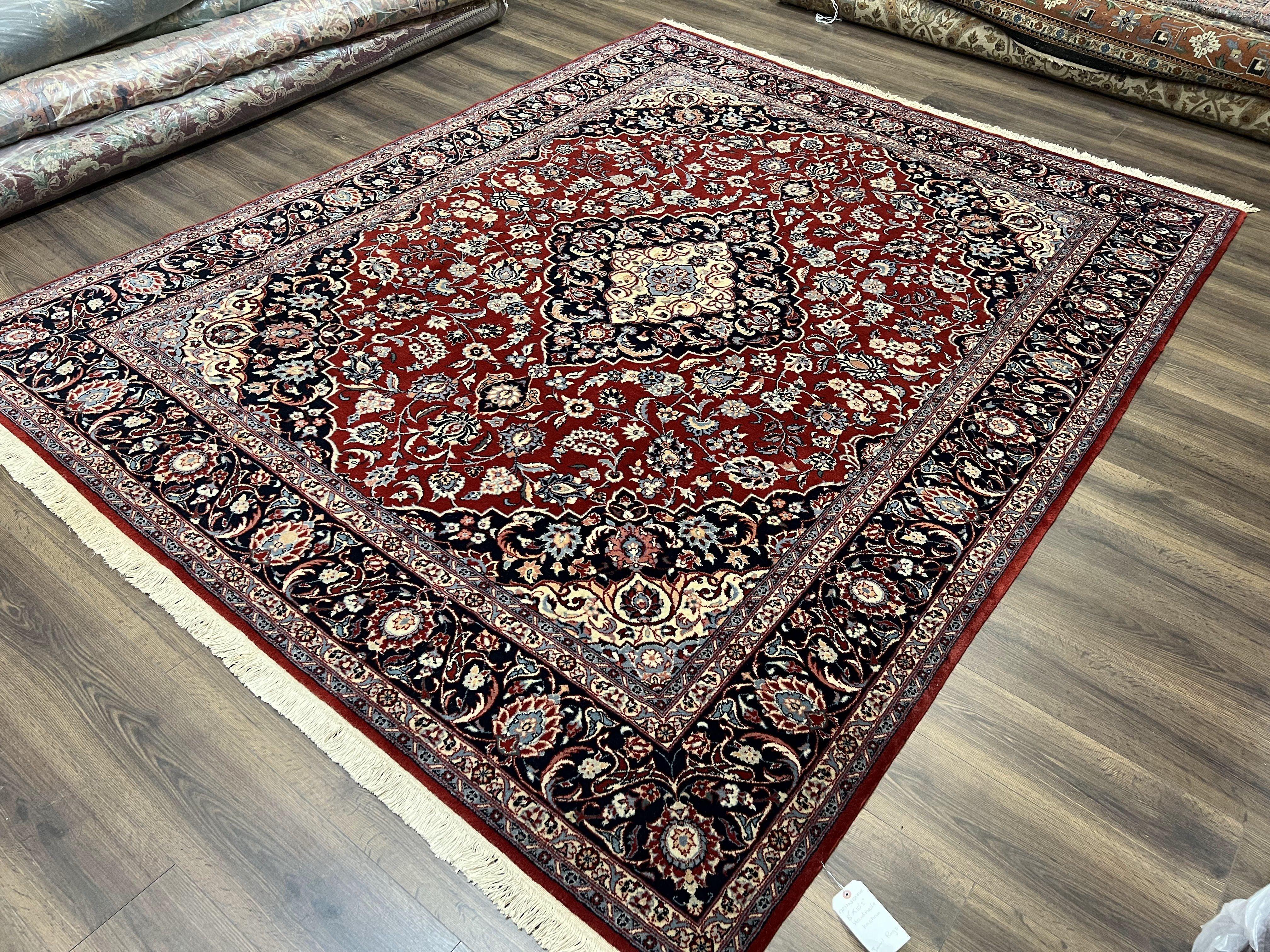 Pak Persian Rug 8x10, Vintage Pakistani Oriental Rug, Maroon Dark Blue Cream, Handmade Wool Carpet 8 x 10, Allover Floral Medallion Fine Rug - Jewel Rugs