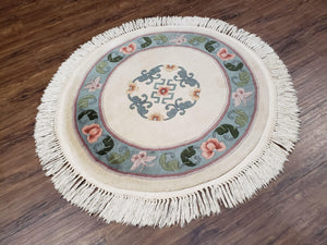 3' 2" Round Chinese Handmade Art Deco Wool Rug Ivory Teal - Jewel Rugs