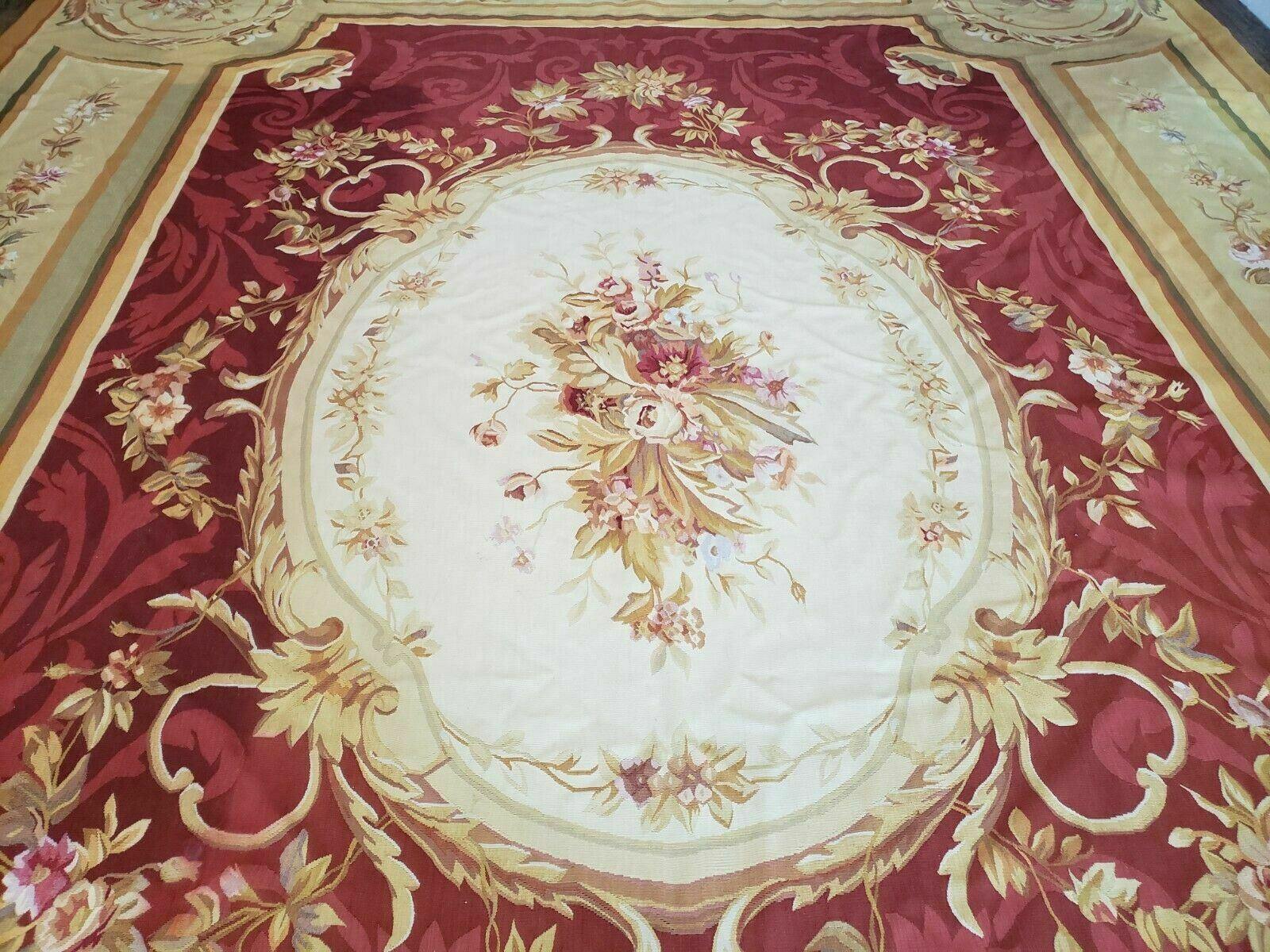 12' X 15' Hand Made French Aubusson Weave Rug Wool Savonnerie Design Red Wow - Jewel Rugs