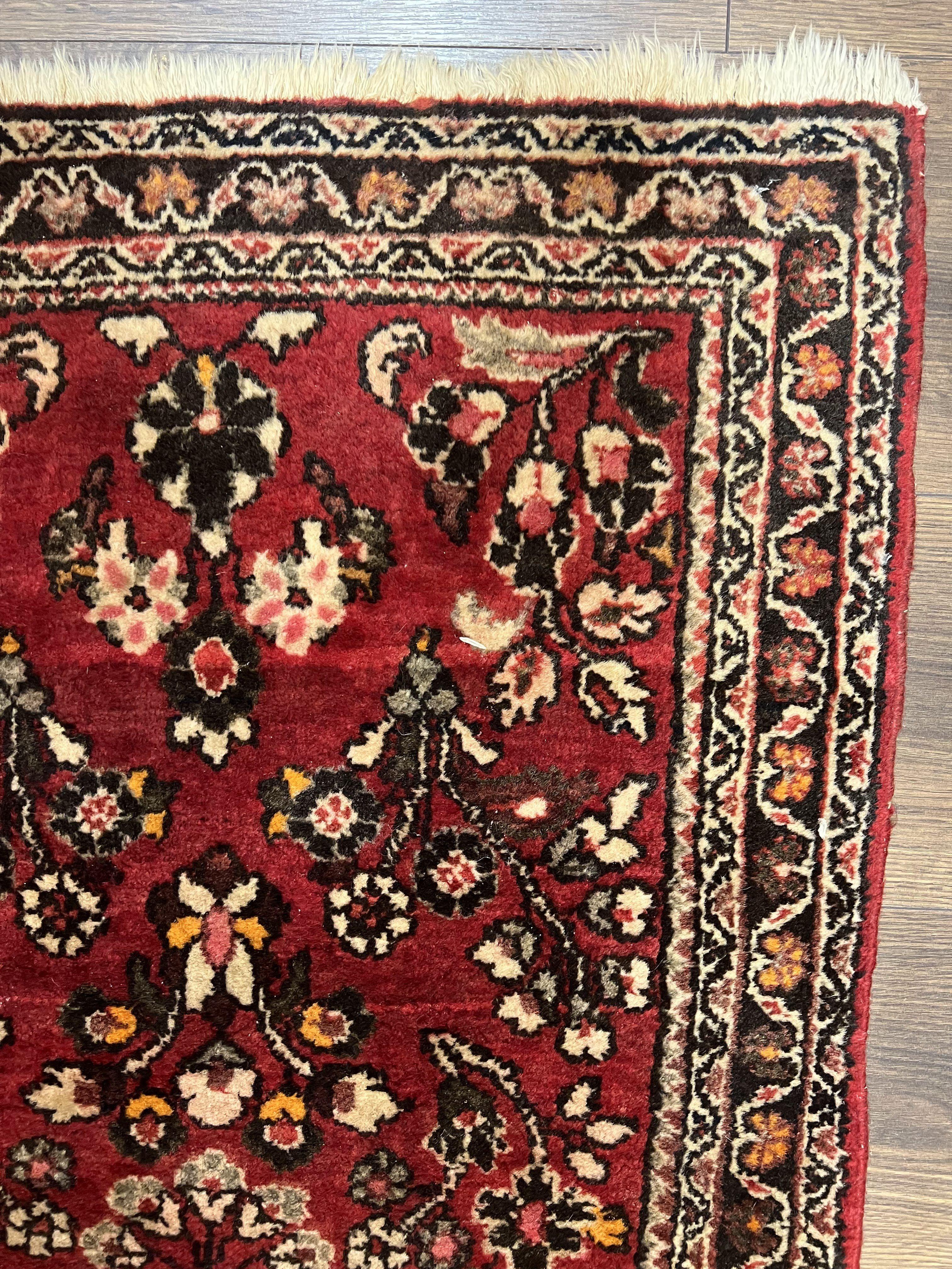 Small Persian Sarouk Rug 2x4 ft, Allover Floral Pattern, Red Black Cream, Hand Knotted Wool Traditional Oriental Carpet, Antique Persian Rug 2 x 4 - Jewel Rugs