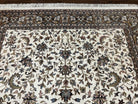 Indo Kirman Rug 8x12 Allover Floral Design, Ivory/Cream Brown, Vintage Handmade Hand Knotted Rug, Traditional Wool Persian Carpet 8 x 12 - Jewel Rugs