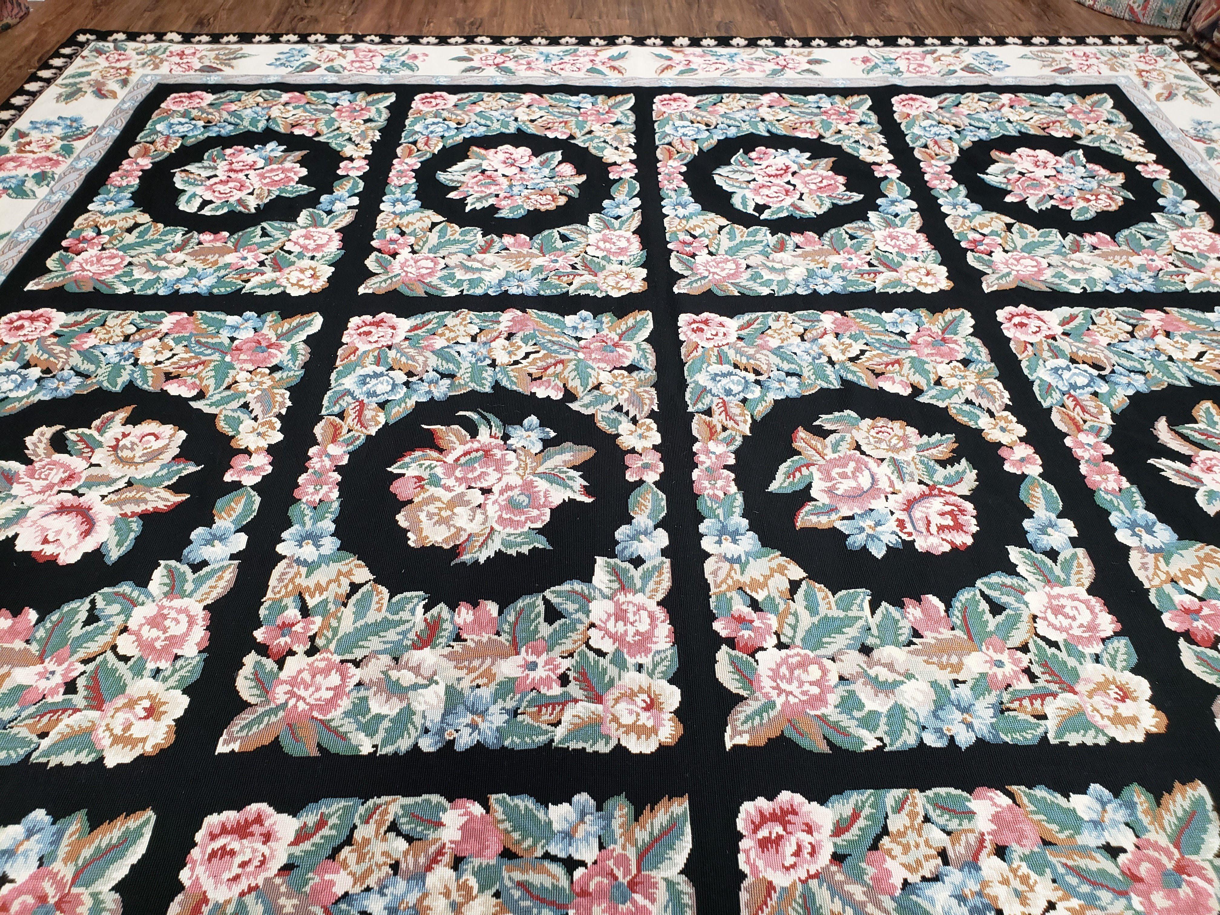 Floral Needlepoint Rug 9.5 x 13.6, Floral Panel Design, Black and Ivory Flatweave Aubusson Carpet, Multicolor - Jewel Rugs