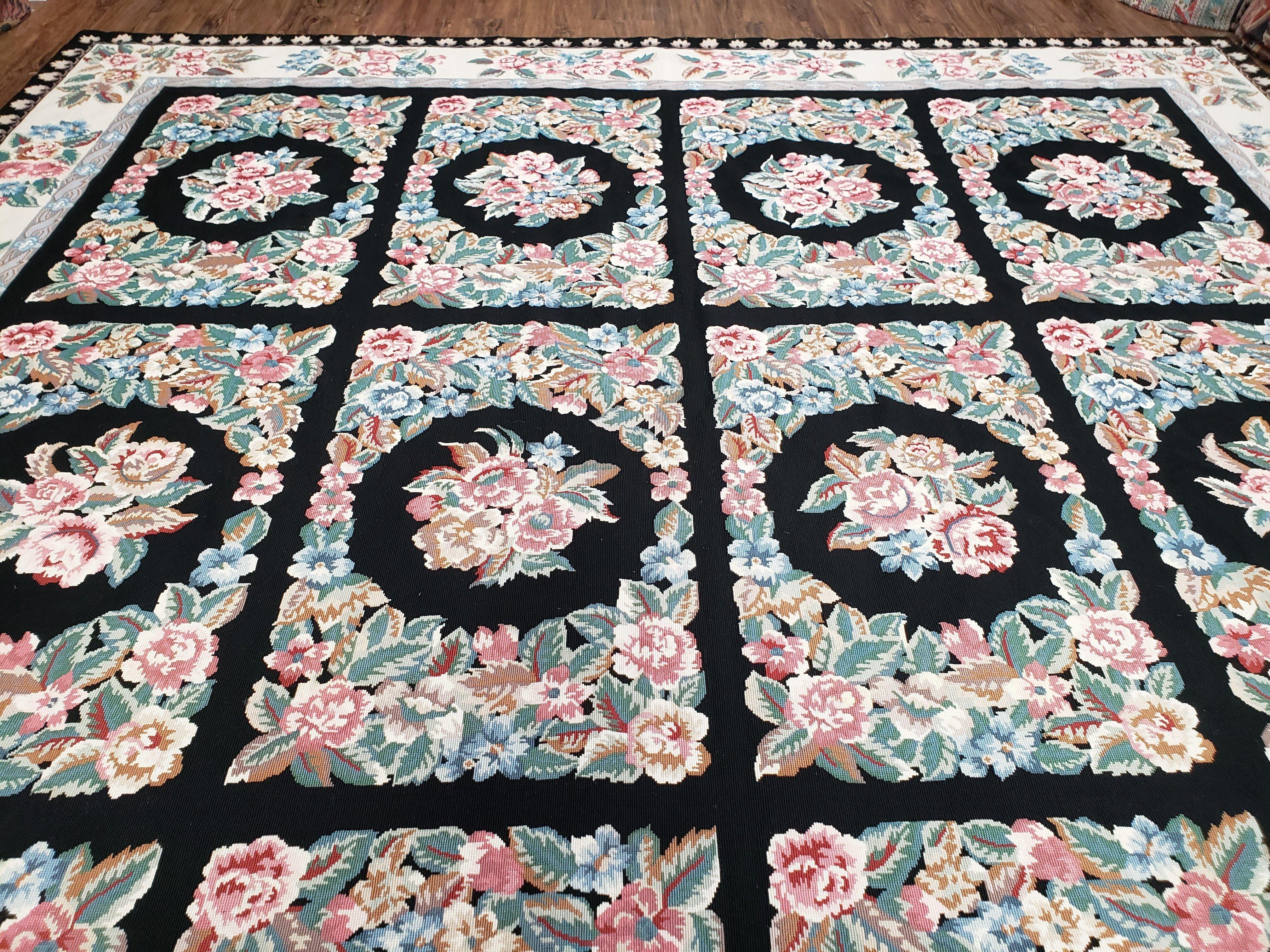 Floral Panel Needlepoint Rug, 9x13 - 10x14 Aubusson Rug, Large Needlepoint with Flowers, Black and Ivory Flatweave Aubusson, Multicolor - Jewel Rugs