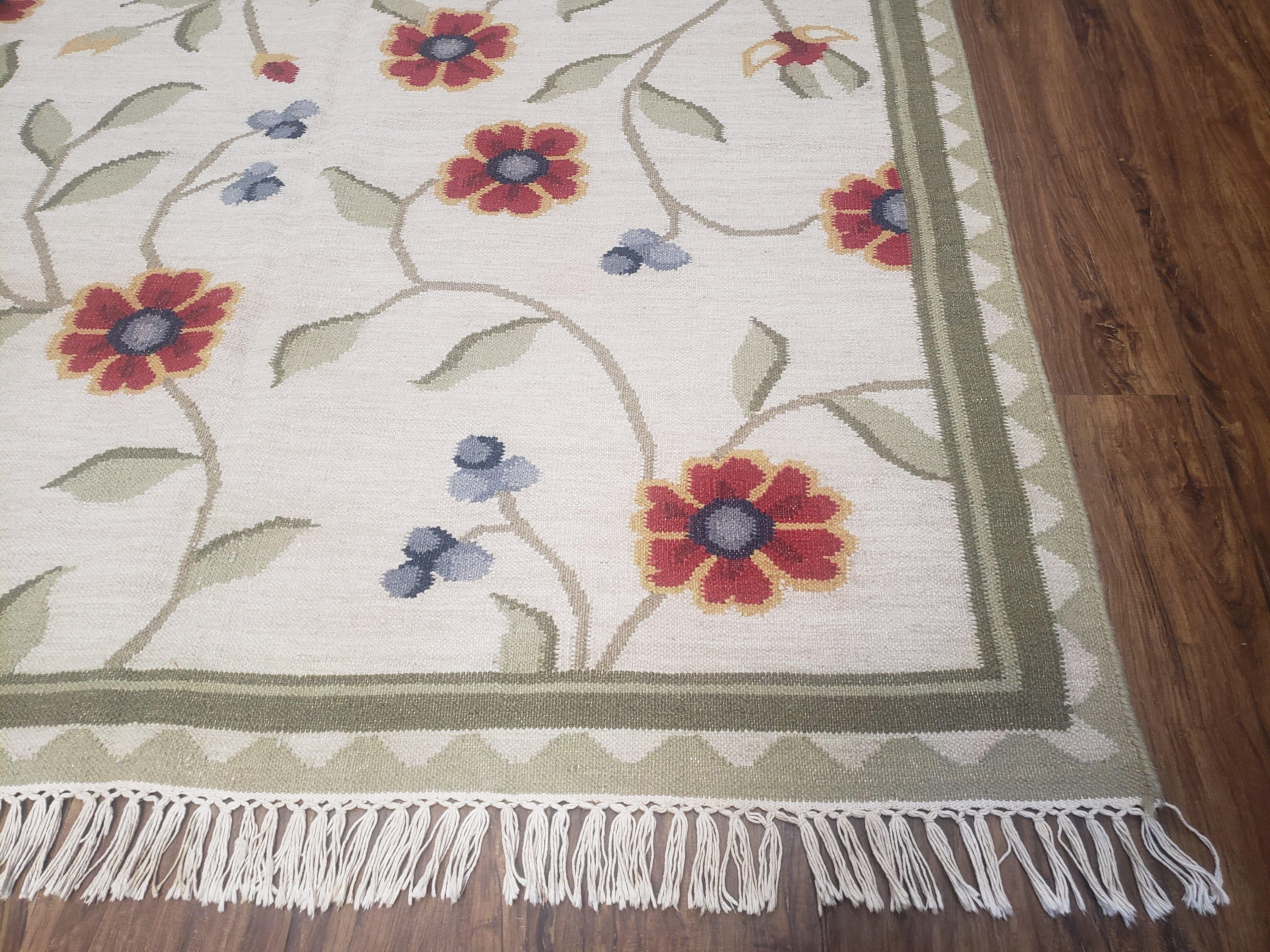 Flat Weave Rug 5x8, Indian Kilim Area Rug, Floral Handmade Hand-Woven Carpet, Ivory Wool Contemporary Indo Kilim Rug for Living Room Bedroom - Jewel Rugs