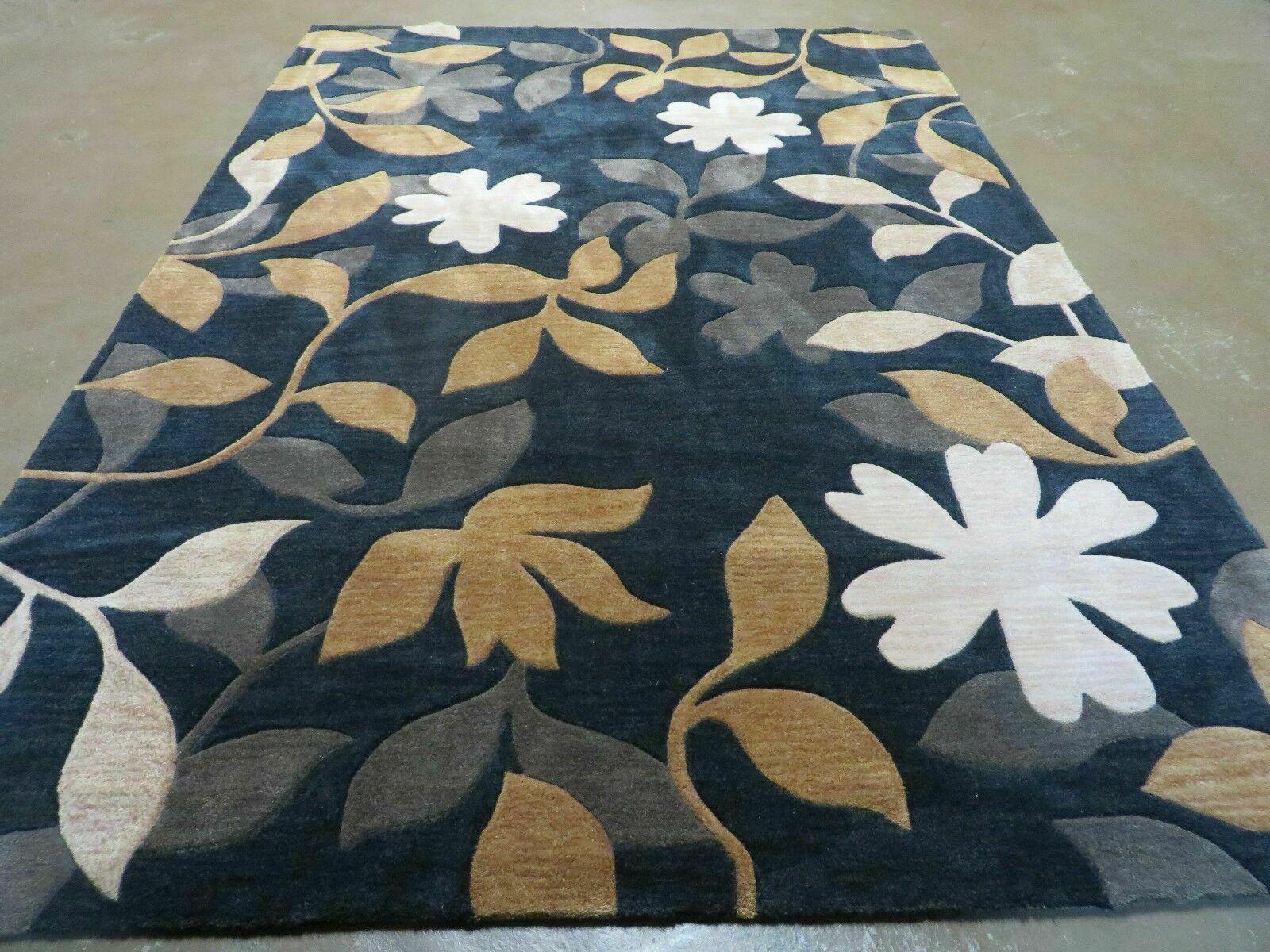 5' X 8' Abstract Modern Contemporary Style Hand Tufted Wool Rug Floral Flowers Nice Black - Jewel Rugs