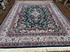 Indo Persian Rug 8x10 Area Rug, Vintage Rug 8 x 10 Oriental Carpet Hand-Knotted Room Sized Wool Rug Green and Ivory Allover Floral Medallion - Jewel Rugs