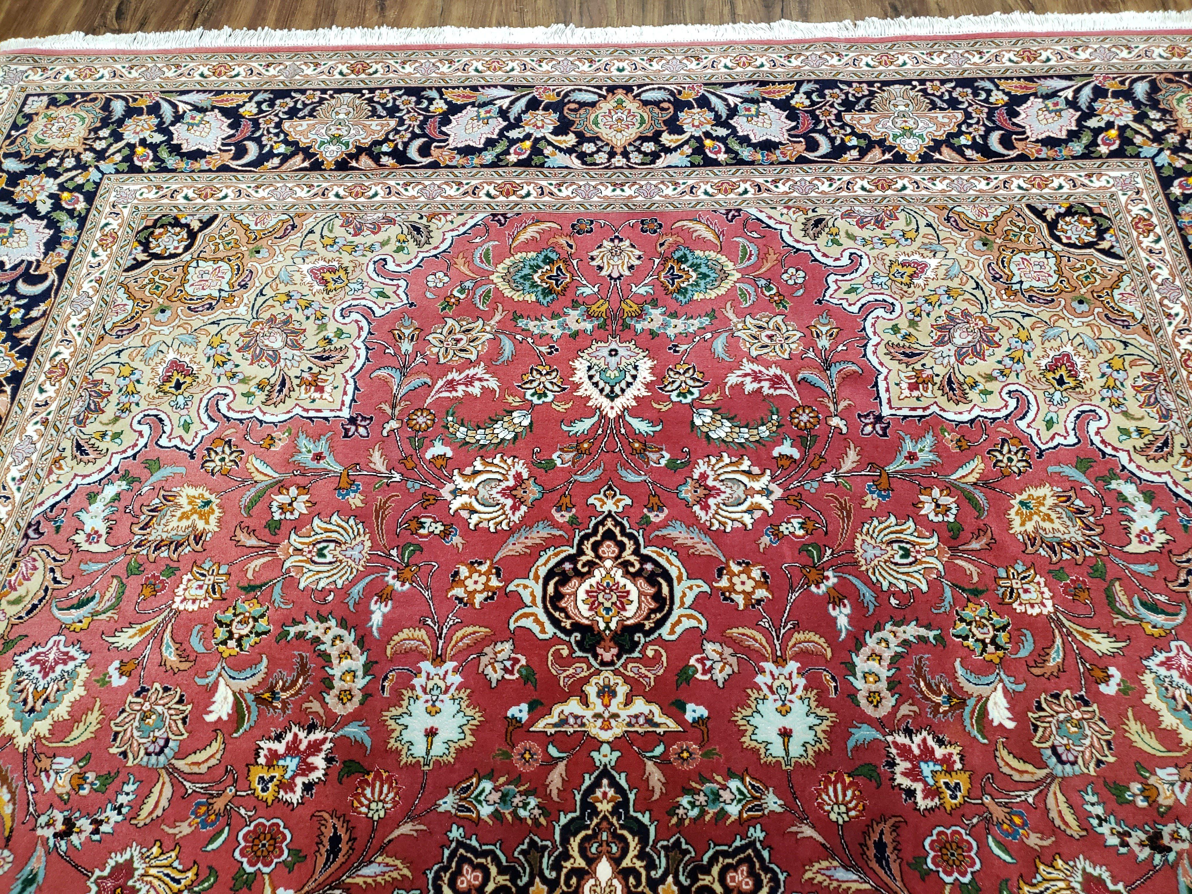 Vintage Persian Tabriz Rug 6.7 x 9.9, Wool Hand-Knotted Salmon Pink & Dark Blue Floral Medallion Carpet, Traditional Fine Persian Oriental Rug - Jewel Rugs