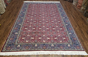 Vintage Turkish Sivas Area Rug 6.5 x 9.5, Wool Hand-Knotted Red & Midnight Blue Allover Floral Pattern Oriental Carpet, 6x9 Traditional Rug - Jewel Rugs