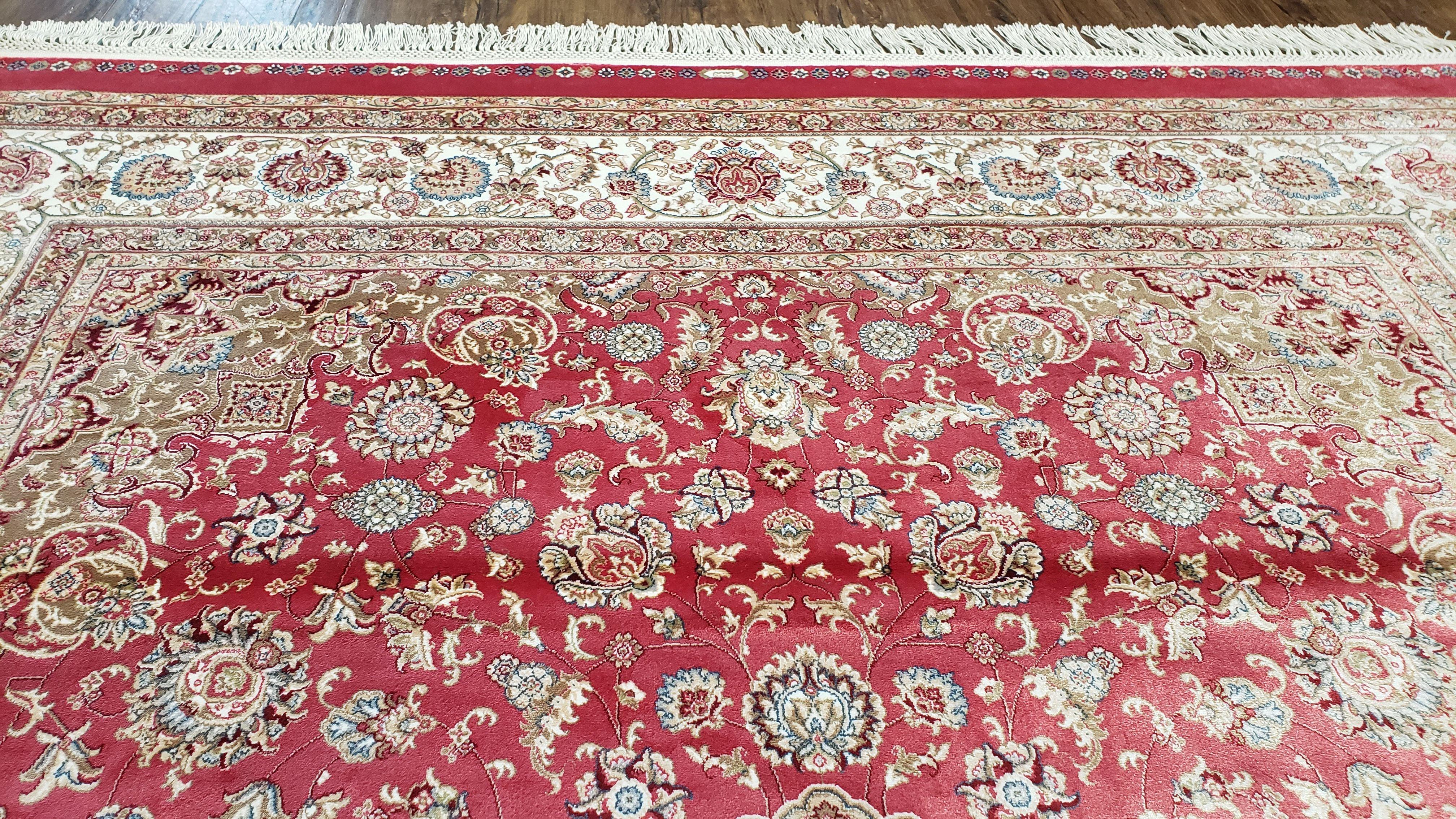 Red Silk Carpet 5.3 x 7.6 ft, Red & Beige Area Rug, Traditional Oriental Carpet All Silk, Bamboo Silk, Central Medallion, Allover Floral Rug - Jewel Rugs