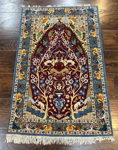 Small Tree of Life Persian Isfahan Rug 2x3, Animal Pictorials Birds Swans, Very Fine Hand Knotted Carpet, Kork Wool on Silk Foundation, Maroon Blue, 530 KPSI