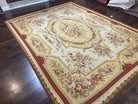 Aubusson Rug 9x12, Elegant Flatweave Savonnerie Carpet 9 x 12 ft, Ivory Light Yellow Red, Handmade Wool Flatweave French European Rug - Jewel Rugs