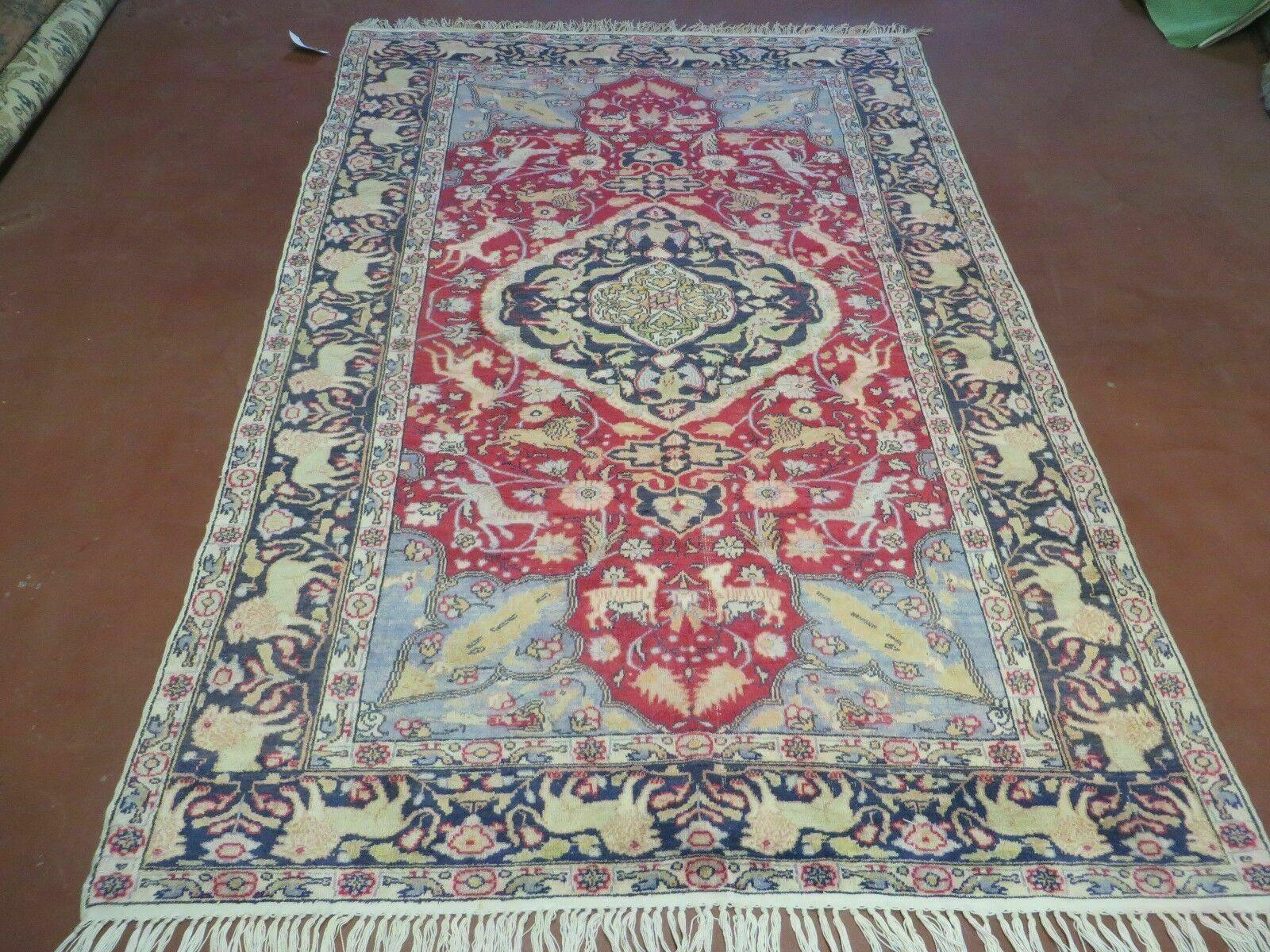 Antique Silk Turkish Kayseri Rug 4.5 x 6.7, Animal Pictorials Lions Deer Floral Medallion, Red Light Blue Navy, Hand Knotted Oriental Carpet - Jewel Rugs