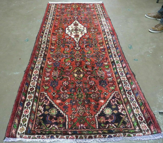Persian Runner Rug, Antique Hamadan Runner Wool Tribal Runner, Handmade Oriental Rug, Medallion Allover Floral, Red Navy Blue Ivory, 3.4 x 7.9 ft - Jewel Rugs