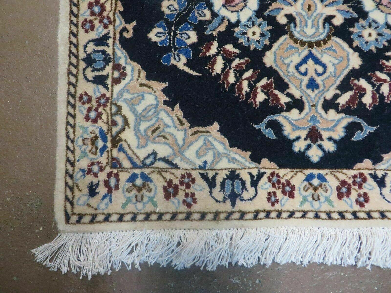 Fine Persian Runner 1.8 x 5, Persian Nain Carpet, Short Runner 5ft Long, Hand Knotted Wool and Silk Antique Rug, Floral Vases, Navy Blue and Ivory, Luxury Rug - Jewel Rugs